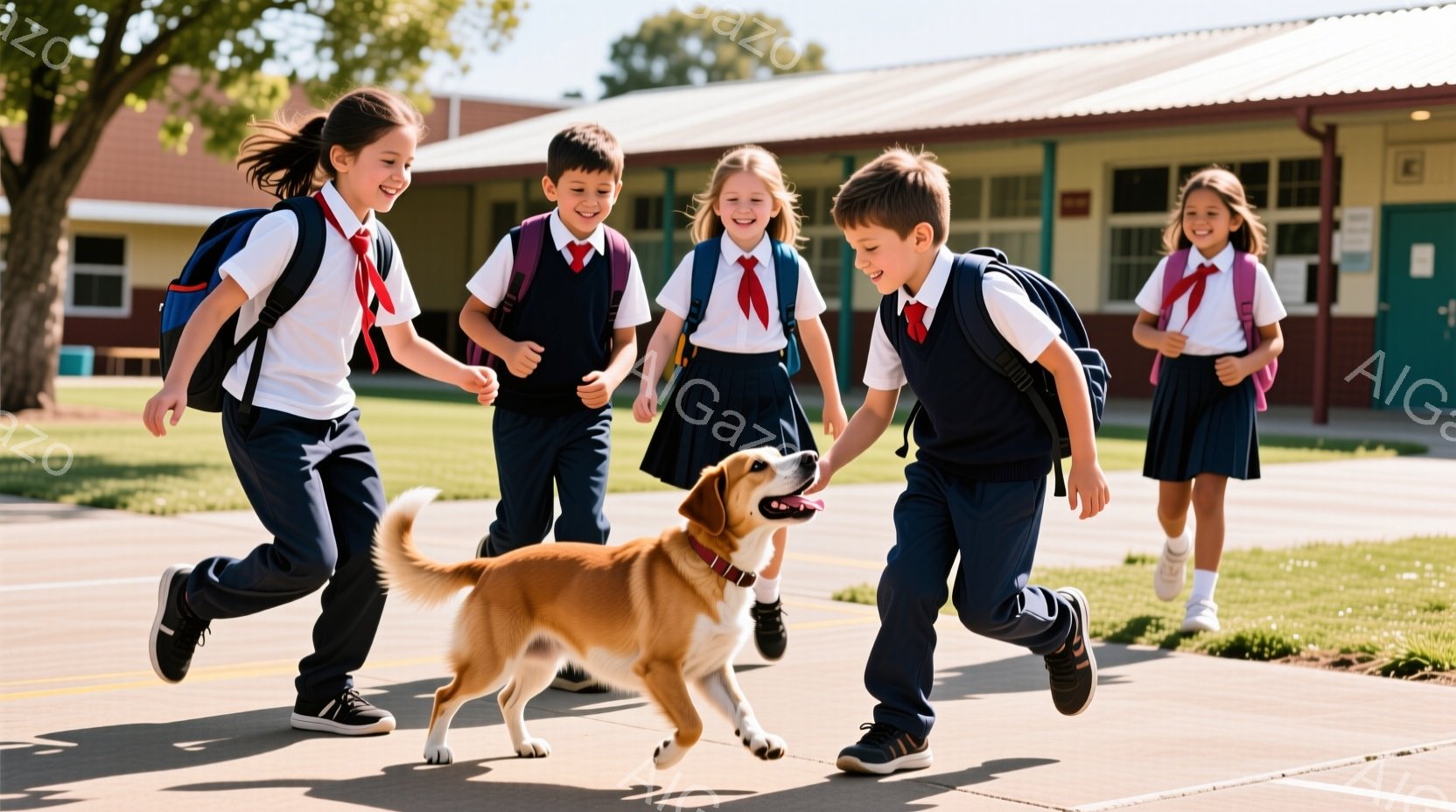 紺色のスカートまたはズボンに白いシャツを着た子供たちが、学校から帰る途中で楽しそうに走っている。子供たちはそれぞれ赤いネクタイと紺色のバックパックを身に着け、明るい笑顔を浮かべている。背景にはレンガ造りの建物と緑の木々が見え、晴れた日の穏やかな雰囲気が漂っている。