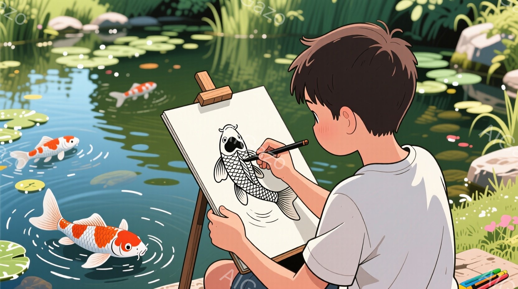 若い男の子が鯉を描いている様子が描かれています。彼は白いTシャツを着ており、黒髪で少し無造作な髪型をしています。背景には、水面に鯉が泳ぎ、緑豊かな植物と岩が点在する池があり、穏やかで平和な雰囲気が漂っ - AI生成フリー素材