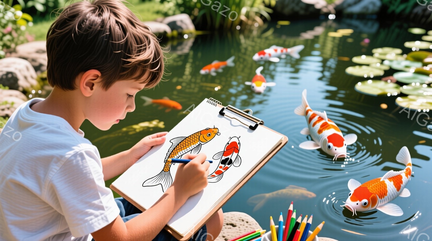 小さな少年が鯉の絵を描いている場面です。白シャツを着ており、茶色の髪を短く切っています。背景には水生植物が浮かぶ池があり、色とりどりの鯉が泳いでいます。