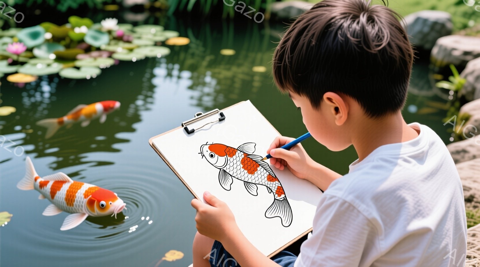 男の子が池のそばで鯉の絵を描いている様子が写っている。白シャツと濃い色のズボンを着用し、集中してスケッチブックに向かっている。背景には水面に浮かぶ鯉と緑豊かな植物が見え、穏やかで平和な雰囲気が漂ってい - AI生成フリー素材