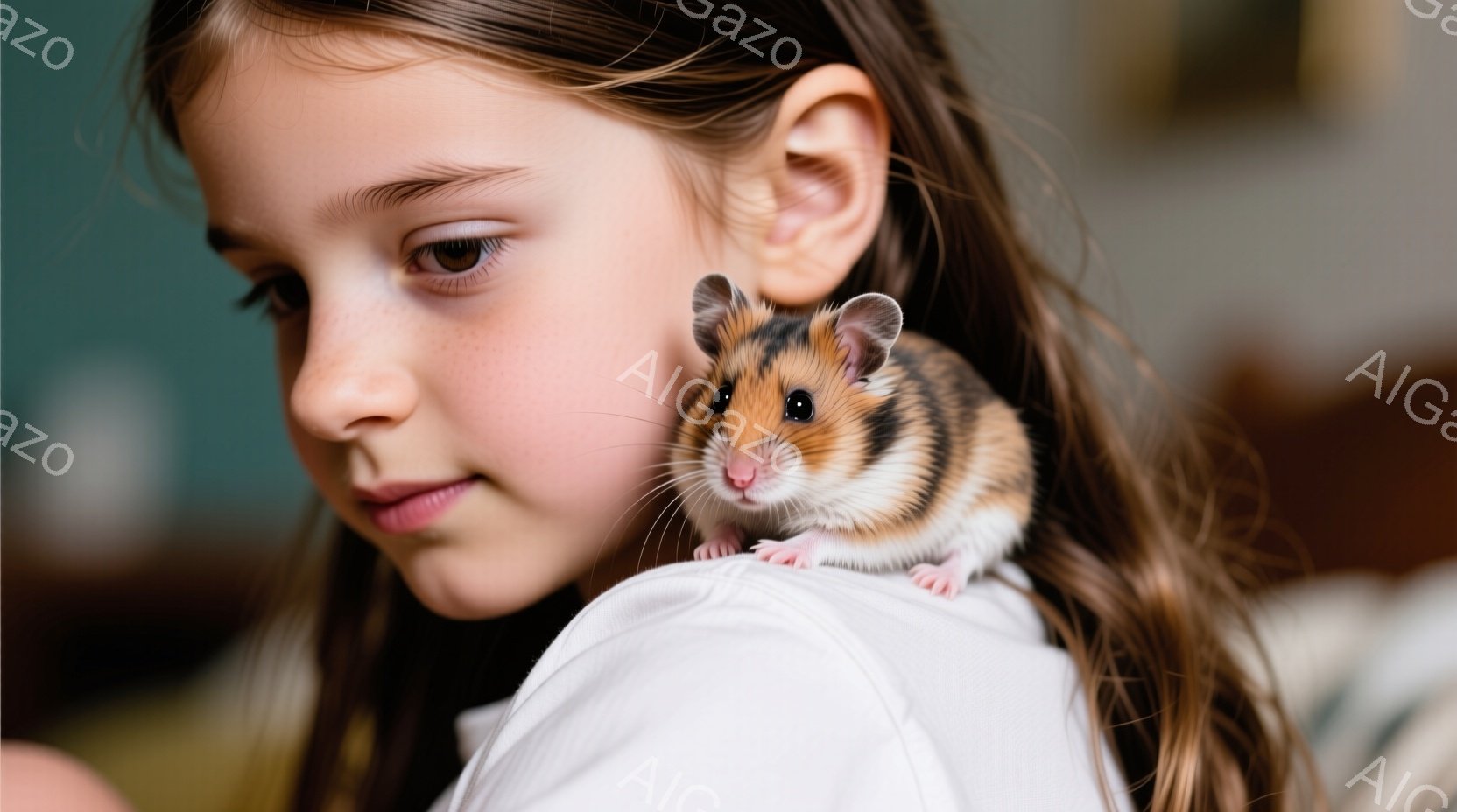 茶色の長い髪をした少女が写っており、白いシャツを着ています。彼女の肩には、小さくて可愛らしいハムスターがちょこんと座っています。背景は少しぼやけていますが、暖色系の室内であることがわかります。