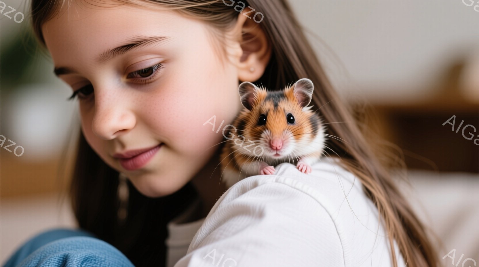 茶色の長い髪の少女が白いセーターを着ており、穏やかな微笑みを浮かべている。彼女の肩には、縞模様のハムスターがちょこんと座り、好奇心旺盛な表情でこちらを見ている。背景はぼやけており、室内であることがわかるが、全体的に暖かく、親密な雰囲気が漂っている。