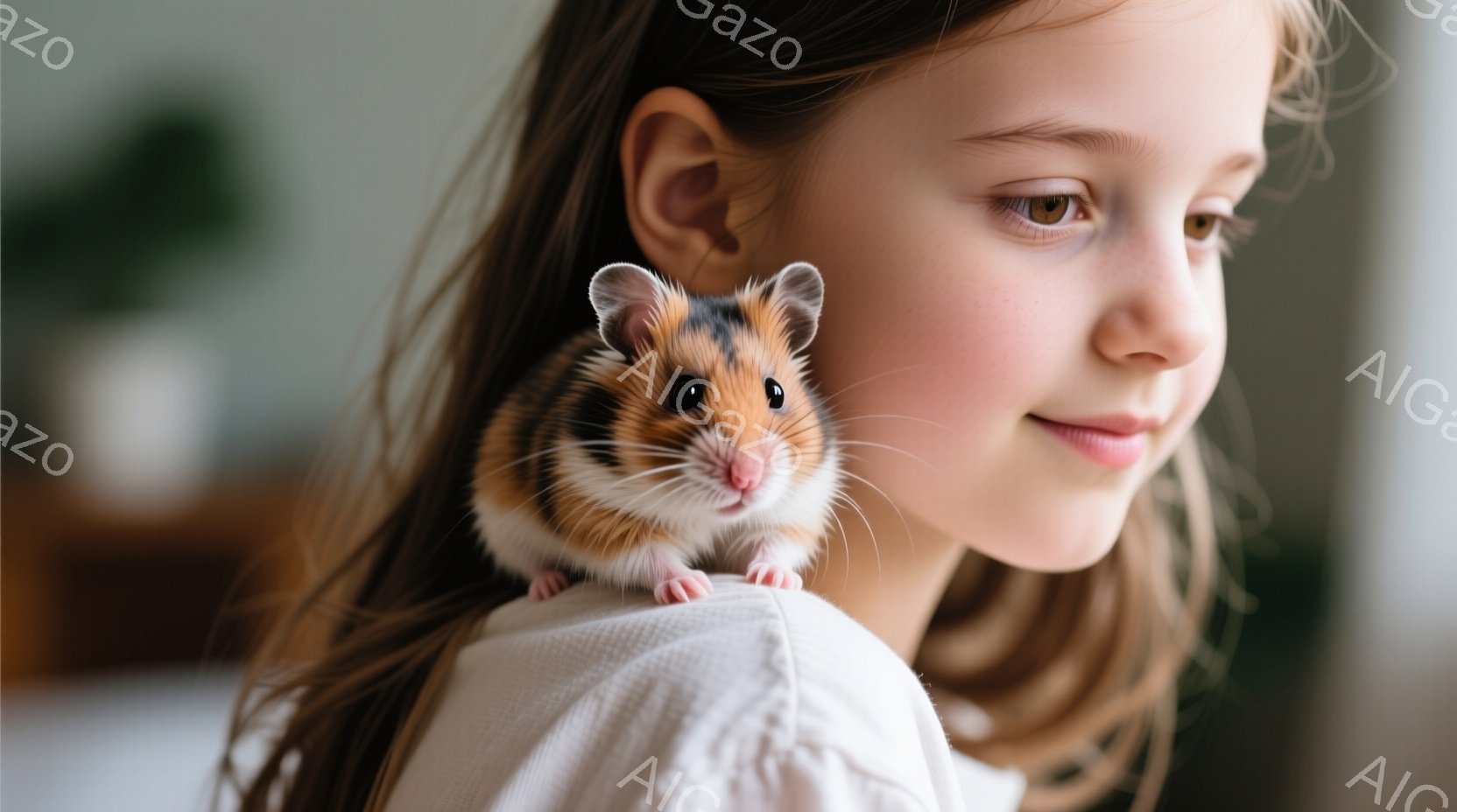 金髪で巻き髪の少女が、白いシャツを着ており、少し上目線で何かを見つめている。彼女の肩には、茶色と白の可愛らしいハムスターがちょこんと座っており、小さな足でしっかりと肩に掴まっている。背景はぼやけており、暖色系の家具が見える室内で、温かく優しい雰囲気が漂っている。