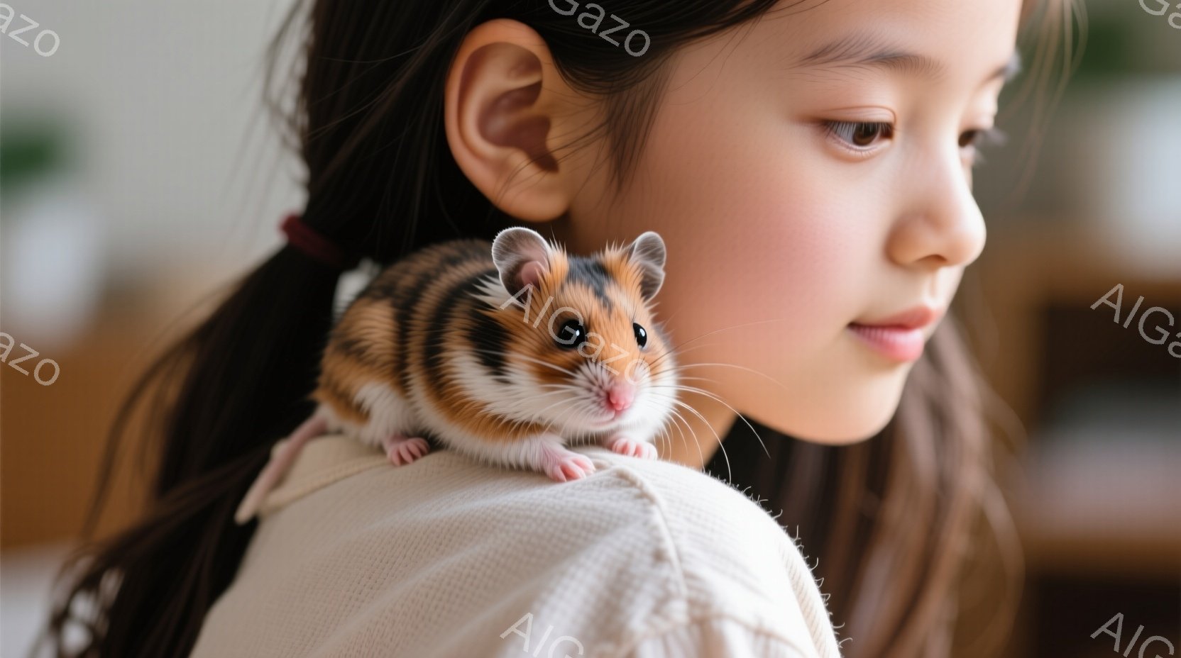 茶色の毛並みを持つハムスターが、少女の肩にとまっている。少女は長い黒髪を後ろでまとめ、少し前方を見つめる優しい表情をしている。背景はぼやけており、室内であることがわかるが、暖かく穏やかな雰囲気が漂っている。