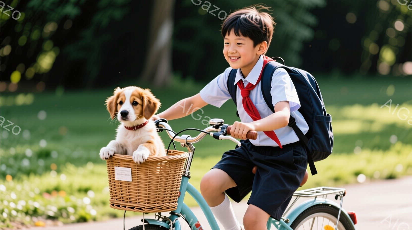 制服を着た少年が、バスケットに座っている子犬と一緒に自転車に乗っています。少年は黒髪で、笑顔を見せ、ピンク色のネクタイと白いシャツを着ています。背景は緑豊かな自然で、晴れた日の穏やかな雰囲気が漂っています。