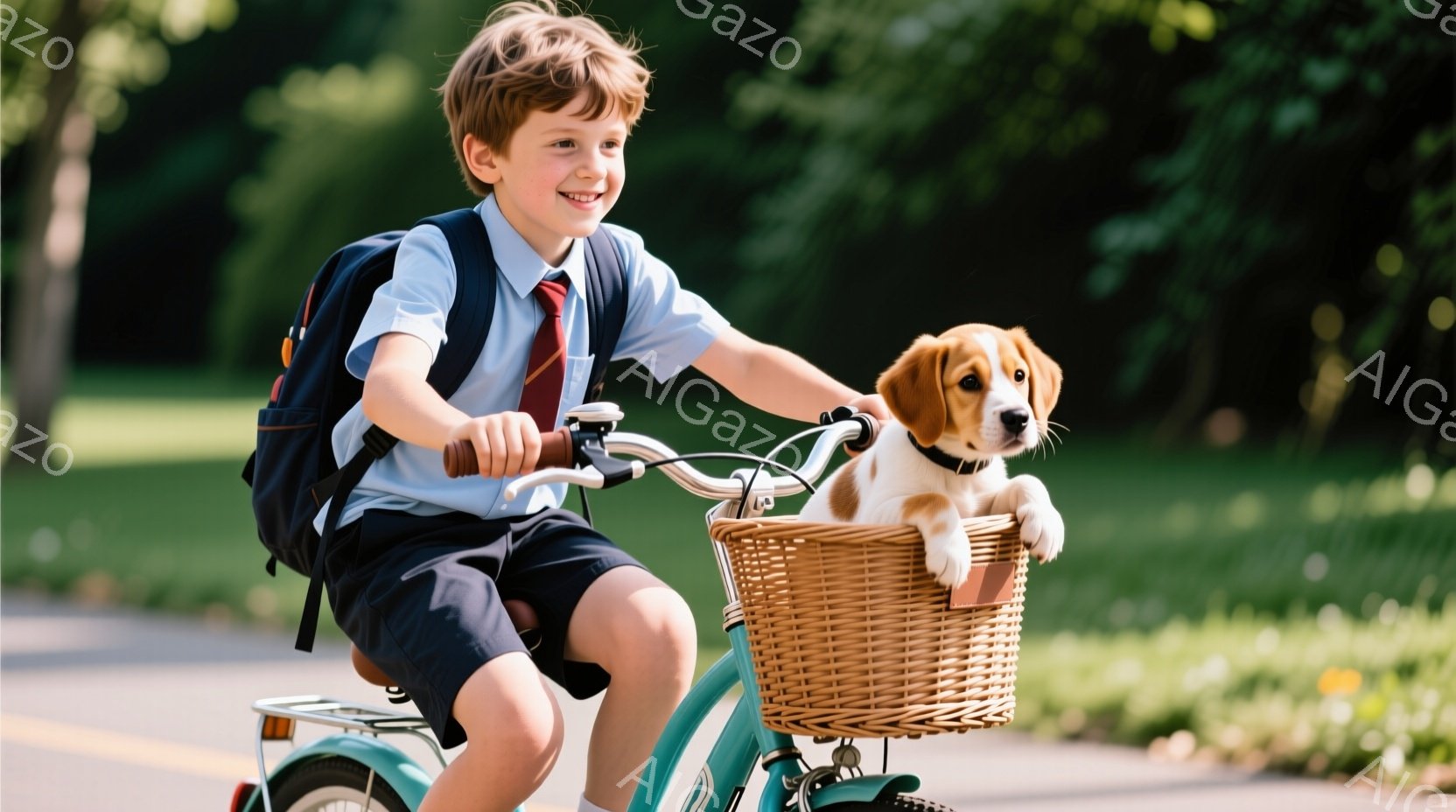 茶髪の少年が、紺色の短パンと白いシャツ、赤いネクタイ姿で自転車に乗っている。彼は笑顔で前を見据え、自転車のかごには小さな茶色のパピーが座っている。背景には緑豊かな木々が見え、晴れた日の穏やかな雰囲気が伝わってくる。