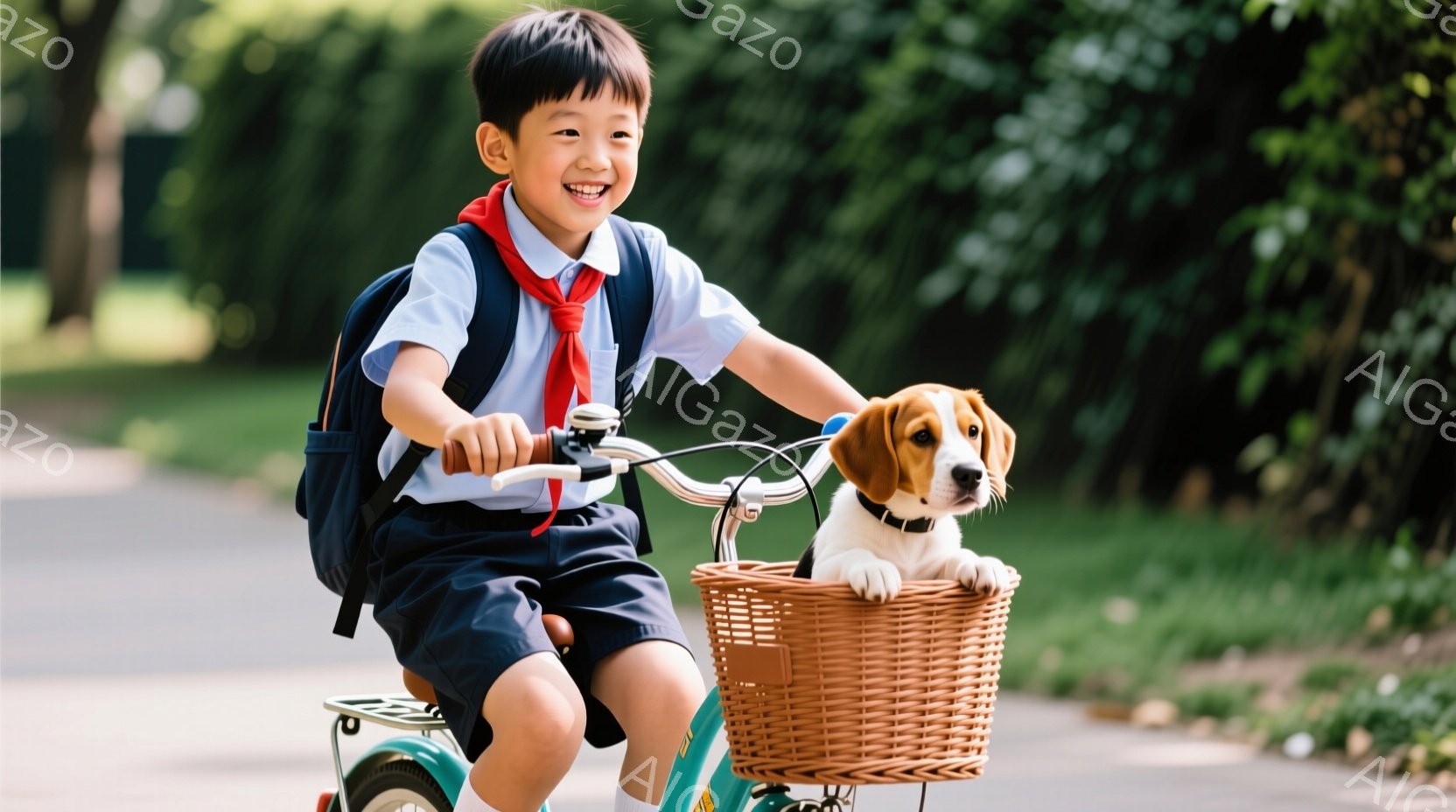 制服を着た少年が、バスケットボール型のカゴに入った子犬と一緒に自転車に乗っている。少年は短髪で、明るい笑顔を見せ、制服は白いシャツに紺色の短パン、赤いネクタイ、そしてリュックサックを背負っている。背景には緑豊かな木々が見え、晴れた日の穏やかな雰囲気が伝わる。