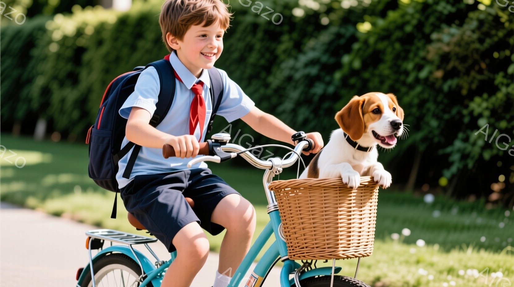 茶髪の少年が水色の自転車に乗って笑顔で走っています。紺色の短パンと白いシャツに赤いネクタイを締め、黒いバックパックを背負っています。自転車のバスケットには小さな犬が座っており、周囲は緑豊かな自然に囲ま - AI生成フリー素材