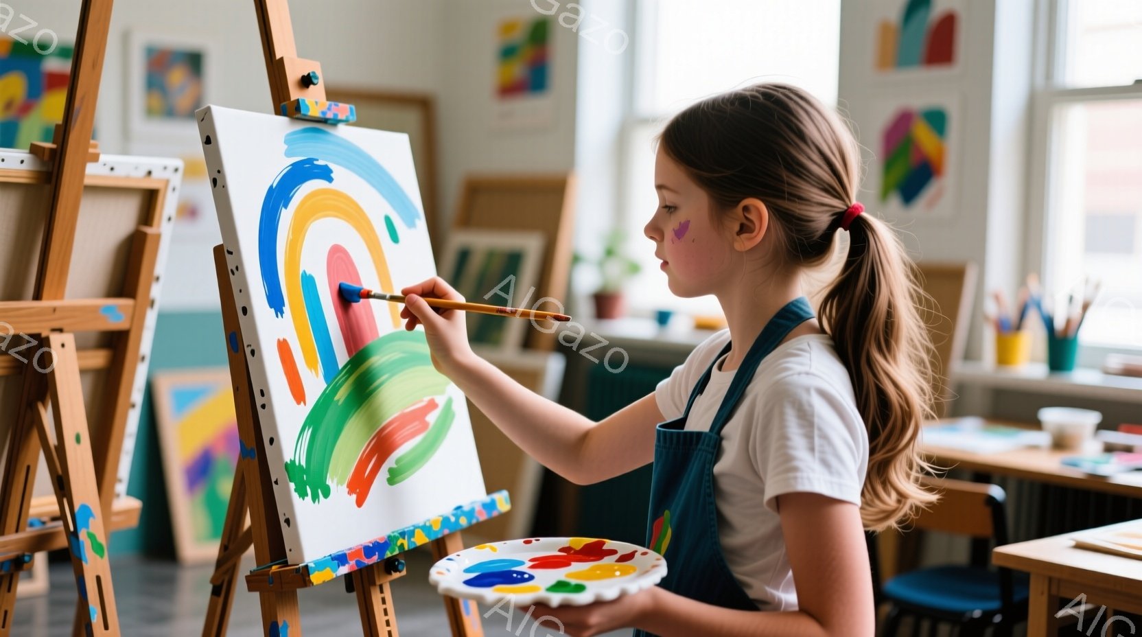 少女はエプロンを着て、キャンバスに向かって絵を描いています。彼女は髪をポニーテールにし、集中した表情で筆を動かしており、パレットには様々な色の絵の具が並んでいます。背景には他の絵画や机があり、明るく創造的な雰囲気の教室であることがわかります。