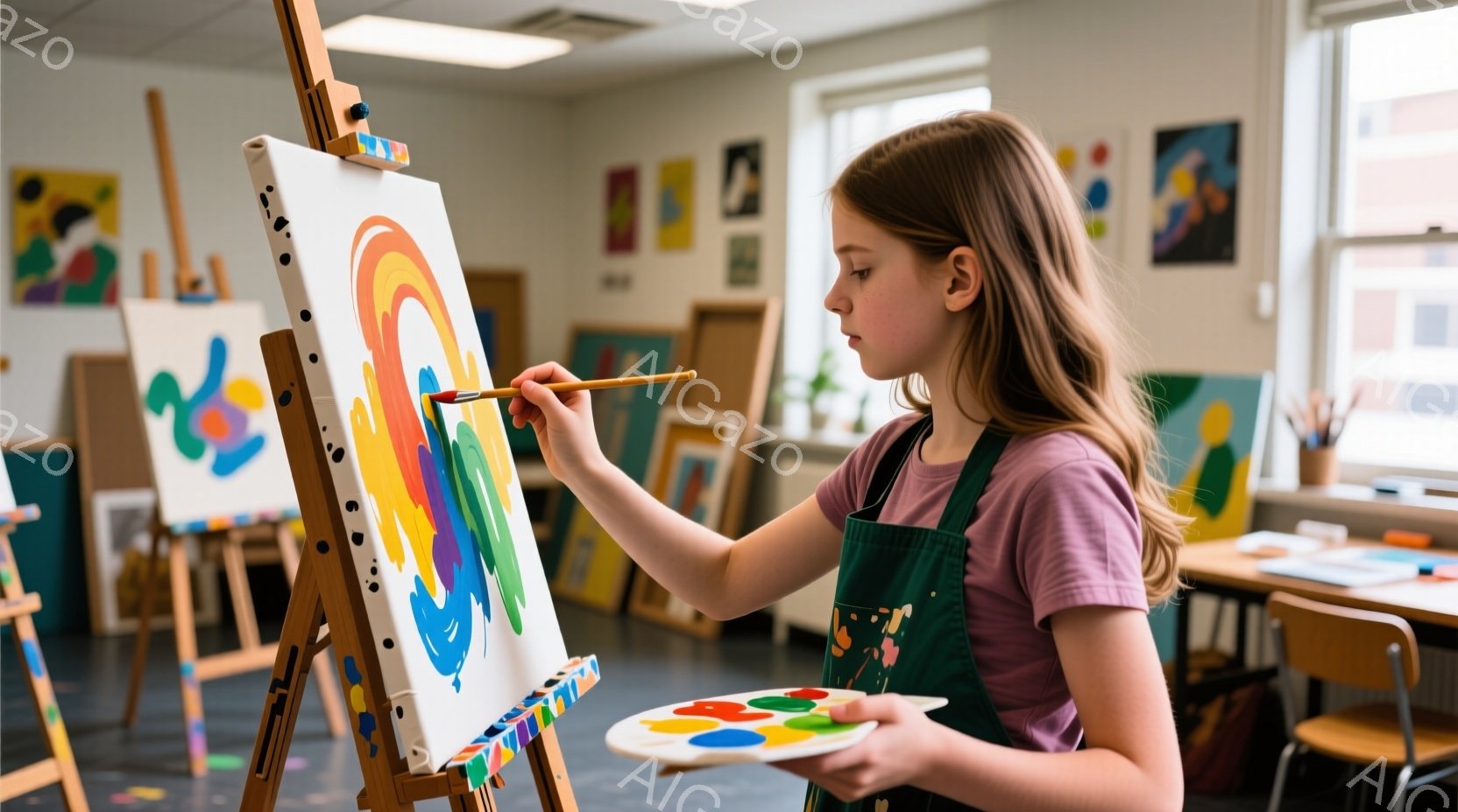 若い女の子がイーゼルに向かって絵を描いています。彼女は紫色のTシャツとエプロンを着ており、髪は肩まで伸びた茶色で、集中して絵を描くことに夢中です。背景には他の絵画や椅子があり、美術教室のような雰囲気で、明るく創造的な空間であることがわかります。