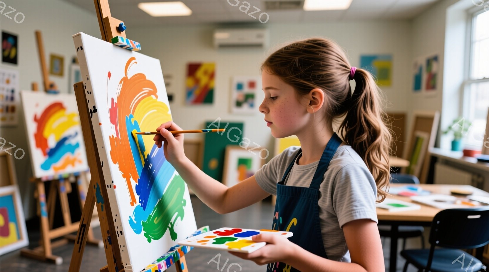茶髪をポニーテールにした少女が、キャンバスに向かって絵を描いている。彼女はグレーのTシャツに青いエプロンを着用し、集中した表情で筆を走らせている。背景には他の絵画やイーゼル、椅子が並び、明るく活気のあ - AI生成フリー素材