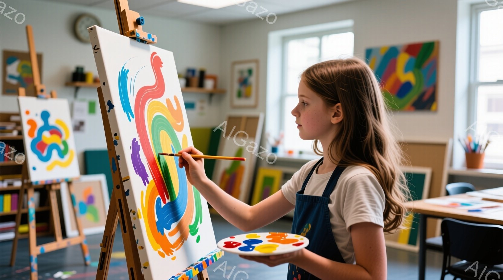 長い茶色の髪を横に流し、白いTシャツとエプロンを着た少女がキャンバスに向かって絵を描いている。彼女は集中した表情で、パレットから絵の具を取り、明るい色のストライプを描いている。背景には他の絵画やイーゼルが並び、子供たちの絵画教室のような空間であることがわかる。