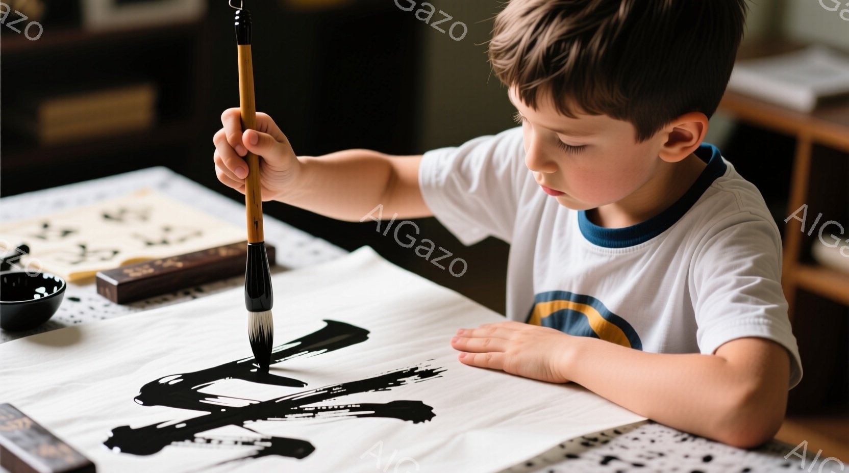 小さな少年が書道を行っています。彼は白い襟付きのTシャツを着ており、濃い髪は短く切られています。集中した表情で筆を握り、大きな紙に太い黒い線を描いています。