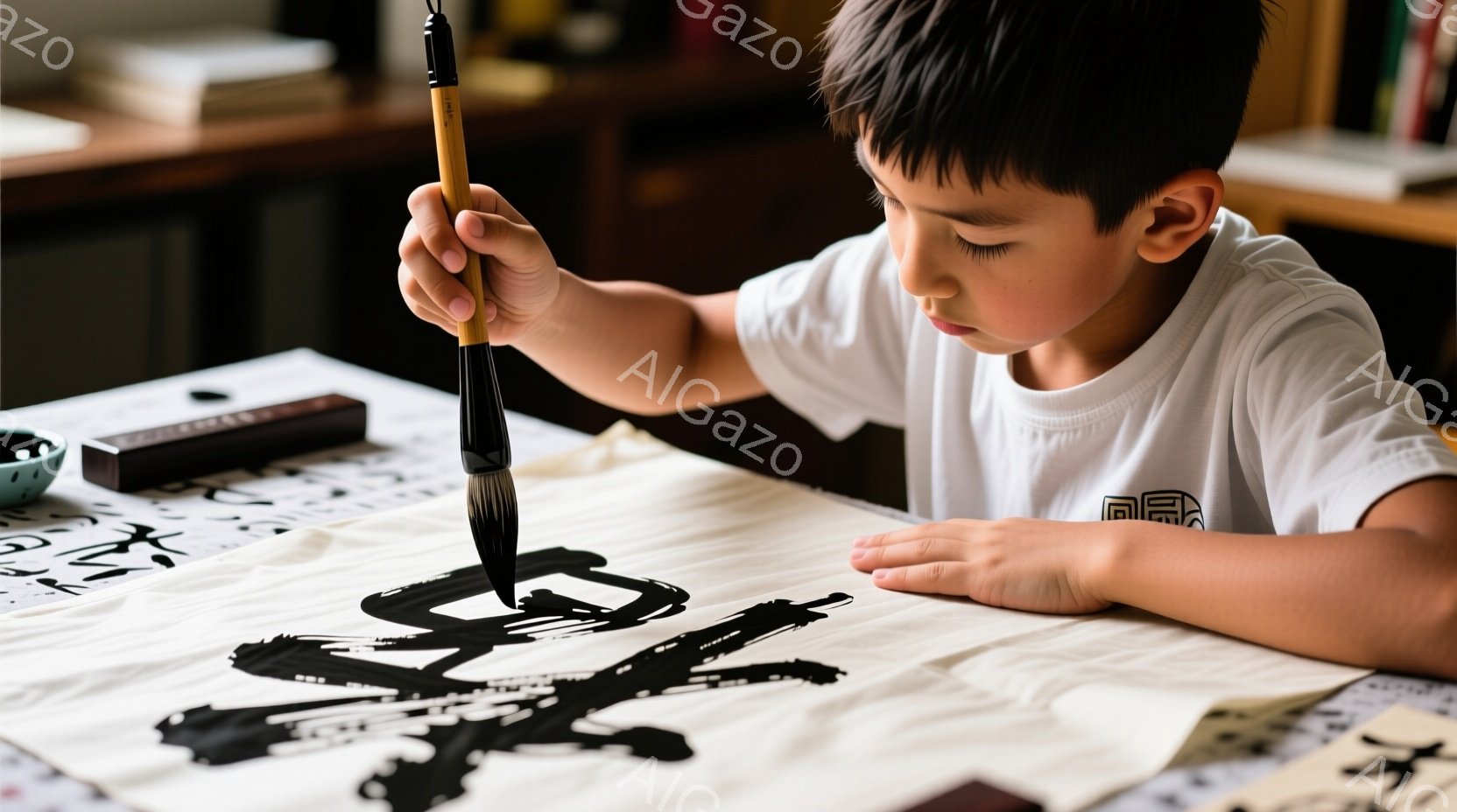 白いTシャツを着た少年が、書道に取り組んでいます。彼は集中した表情で筆を握り、大きな紙の上に墨で文字を描いています。背景には本棚や書道道具が見え、落ち着いた雰囲気の中で伝統文化に触れている様子が伺えます。