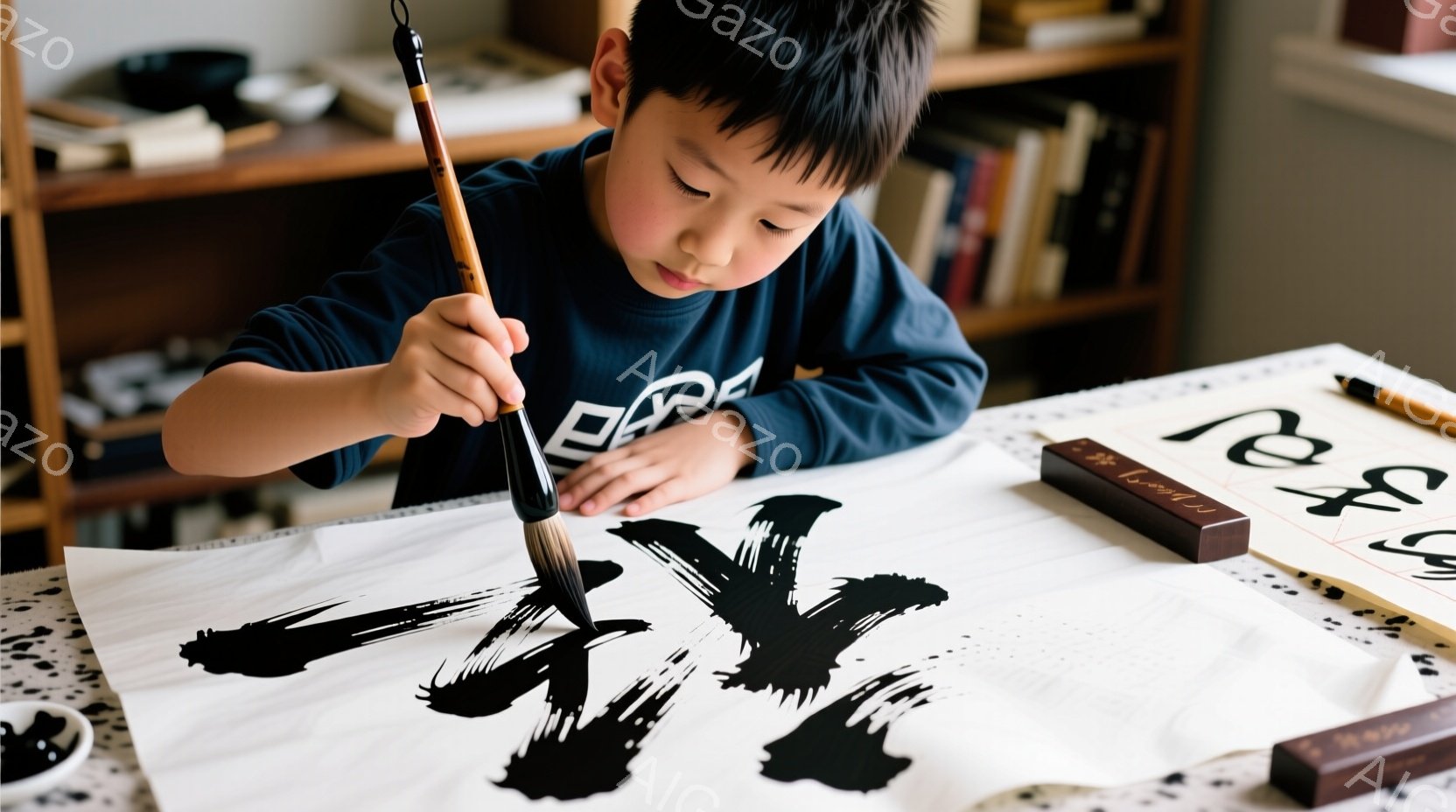 少年は書道に集中しており、白い大きな紙に黒い墨で文字を書いています。濃い藍色のシャツを着ており、短い黒髪は前髪が少しかかっています。背景には本棚があり、集中して文字を書く少年の姿から、静かで穏やかな雰囲気が伝わってきます。