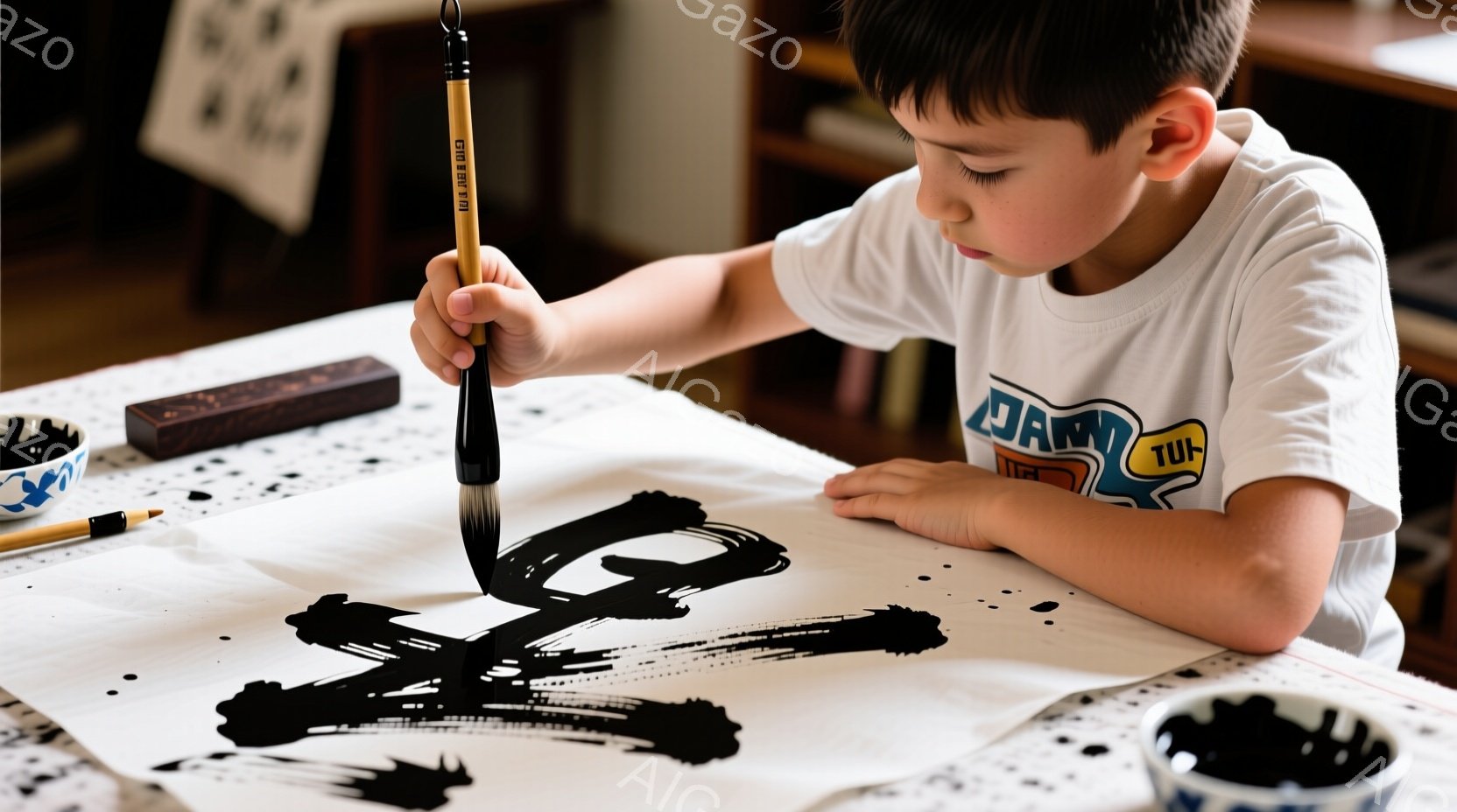 少年は白いTシャツを着て、書道の練習をしている。集中した表情で筆を握り、大きな紙の上に墨を流している。背景には墨汁の容器や筆が置かれ、静かで落ち着いた雰囲気が漂っている。 - AI生成フリー素材