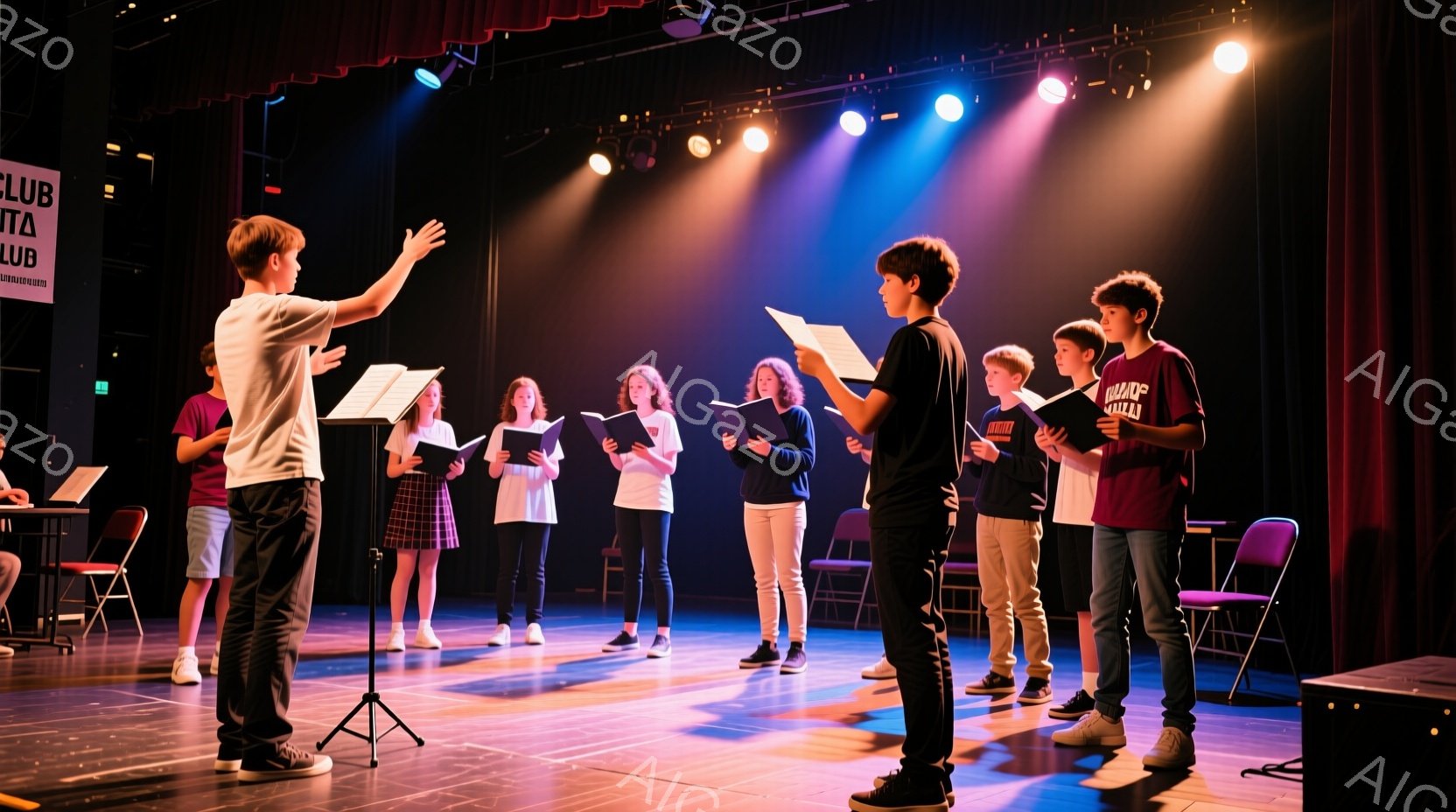 舞台上に、十数人の若い出演者が立っている。彼らは楽譜を手に、何かの練習をしている様子で、一人の少年が腕を上げて指示を出している。背景は暗く、スポットライトが彼らを照らし、活気のある練習風景が伝わってくる。