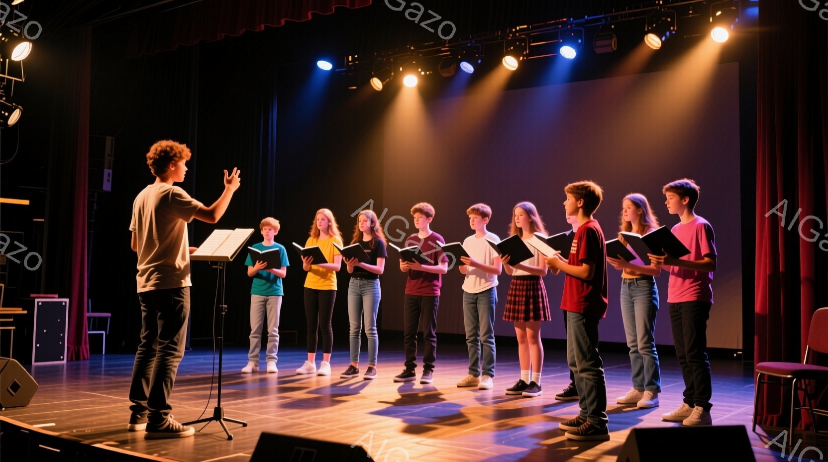 ステージ上に、少年たちが一列に並んで楽譜を見ており、一人の少年が指揮者のように手を上げて指示を出している。少年たちはカジュアルな服装で、ジーンズやTシャツを着ており、真剣な表情で歌や練習に集中しているようだ。背景は暗い劇場で、スポットライトが当たっており、パフォーマンスの雰囲気を醸し出している。