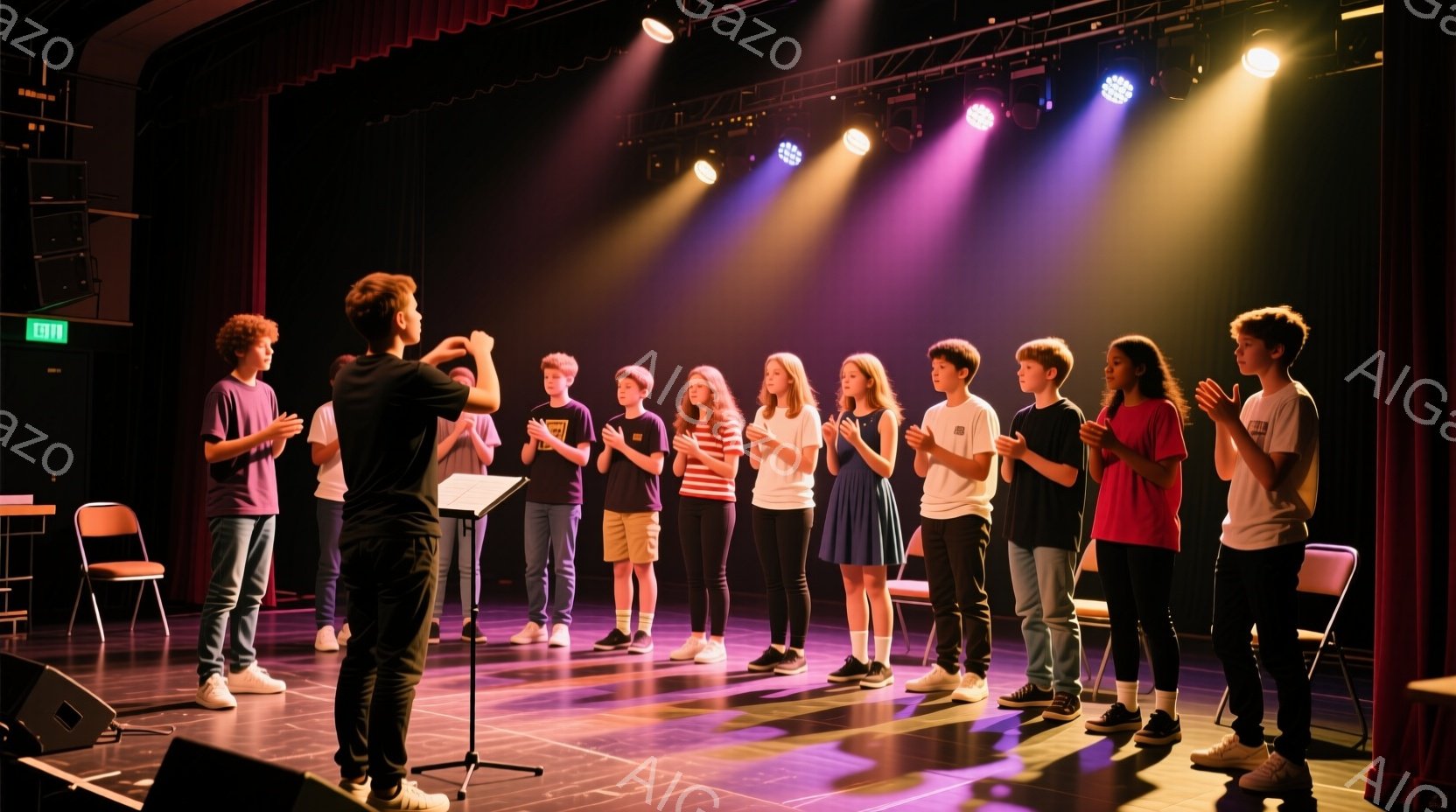 ステージ上には、1人の男性と9人の子供たちが整列しています。男性は黒いズボンに白いシャツ、子供たちはカラフルなTシャツやスカートを着用し、皆まっすぐに立って手を胸に当てています。背景にはステージと照明機材が見え、全体的に真剣で集中した雰囲気が漂っています。