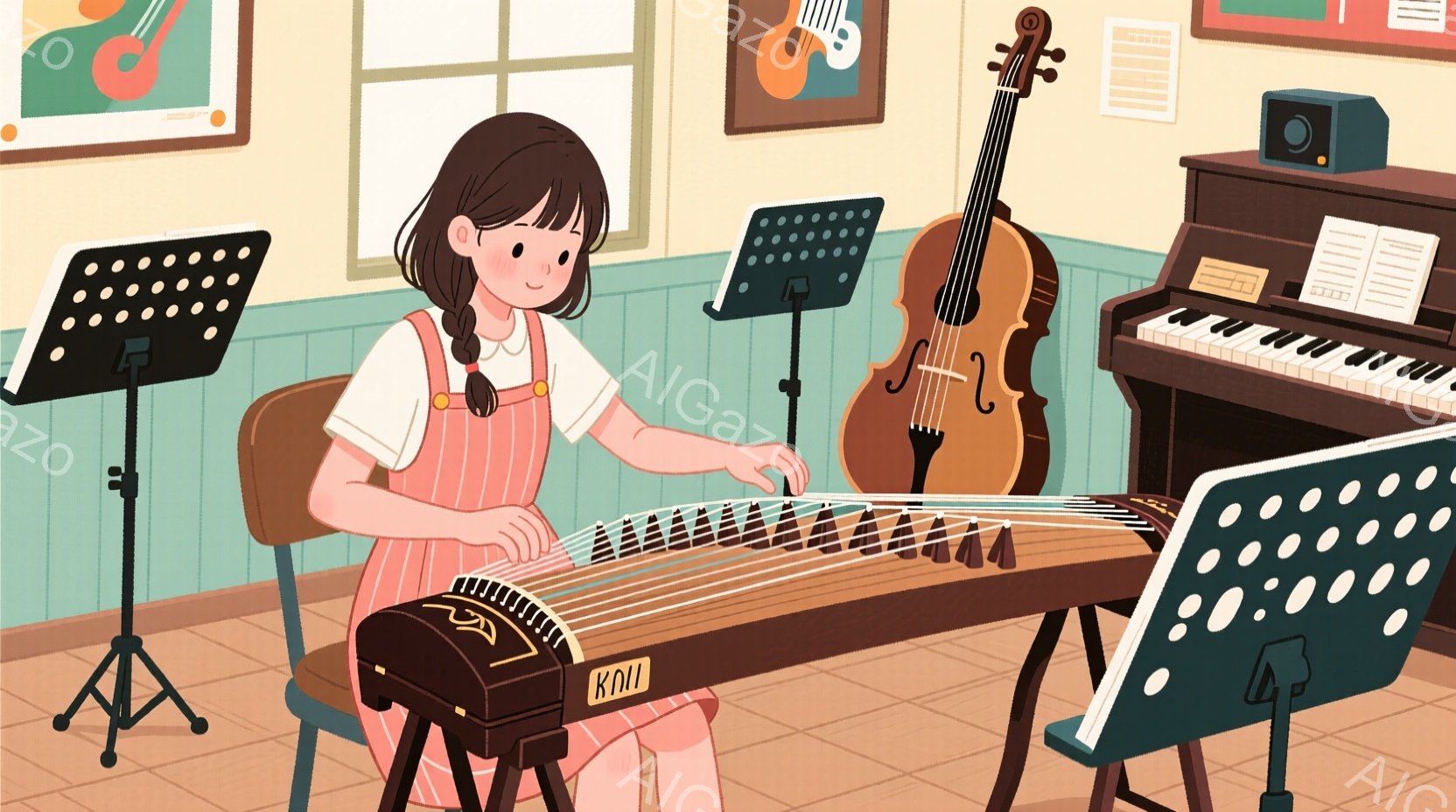 少女は、ピンクのオーバーオールに白いシャツを着て、膝の上にコトを置いて演奏しています。彼女は黒い髪をツインテールにしており、集中した表情で前を見つめています。背景には、バイオリン、譜面台、ピアノが置か - AI生成フリー素材