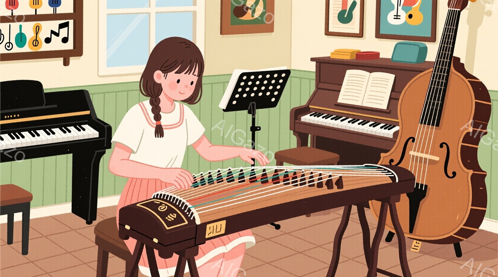 伝統的な楽器である箏を弾く若い女性が描かれています。彼女は白いシャツを着て髪を三つ編みにし、集中した表情で箏に向かい合っています。背景にはピアノとベースがあり、音楽室のような空間が表現されており、全体的に穏やかで静かな雰囲気が漂っています。