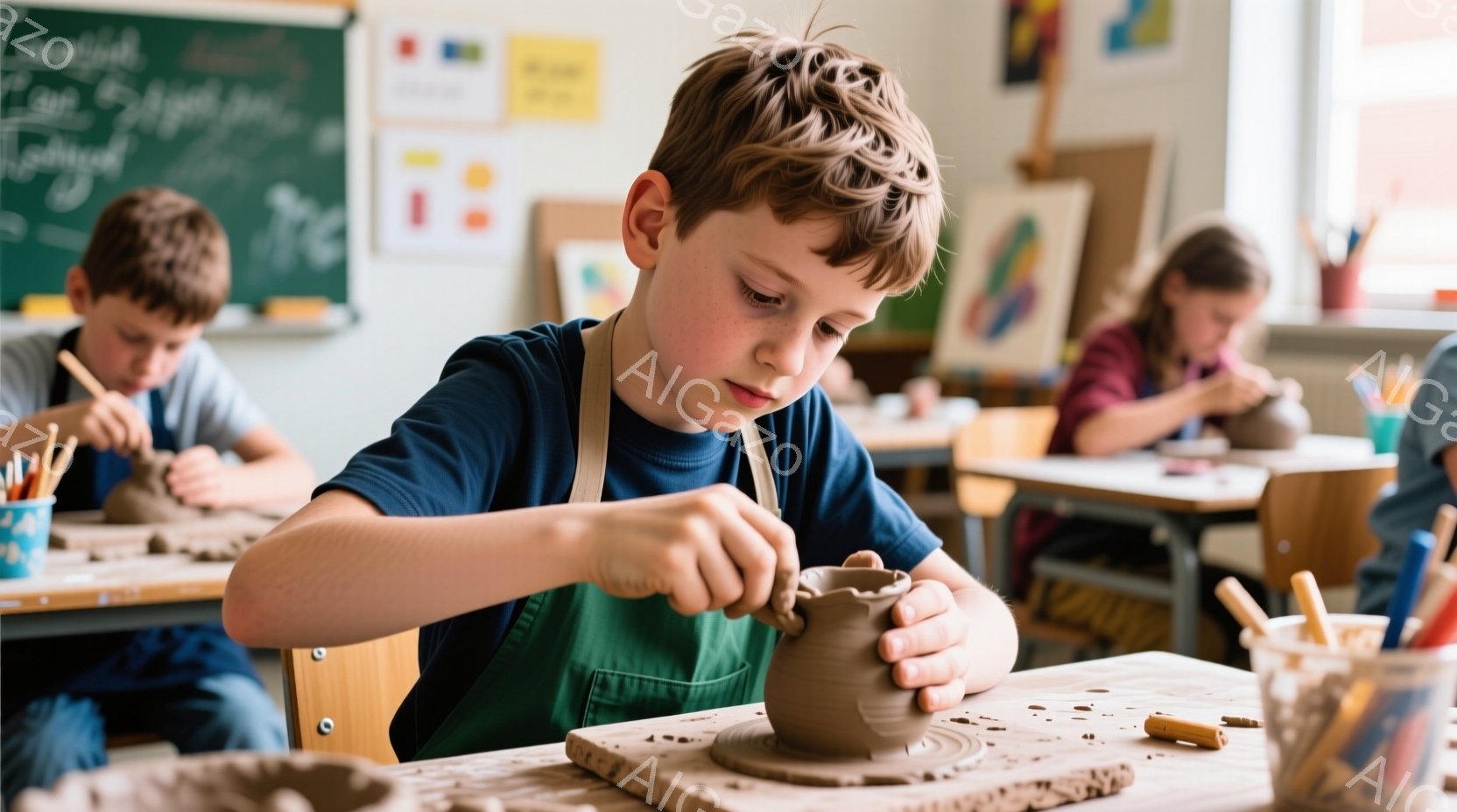 少年はエプロンを着て、陶芸の授業で土を練り、器を作っています。彼は集中した表情で、両手を使って器の形を整えています。教室には他の生徒もおり、壁には子供たちの作品や絵が飾られています。