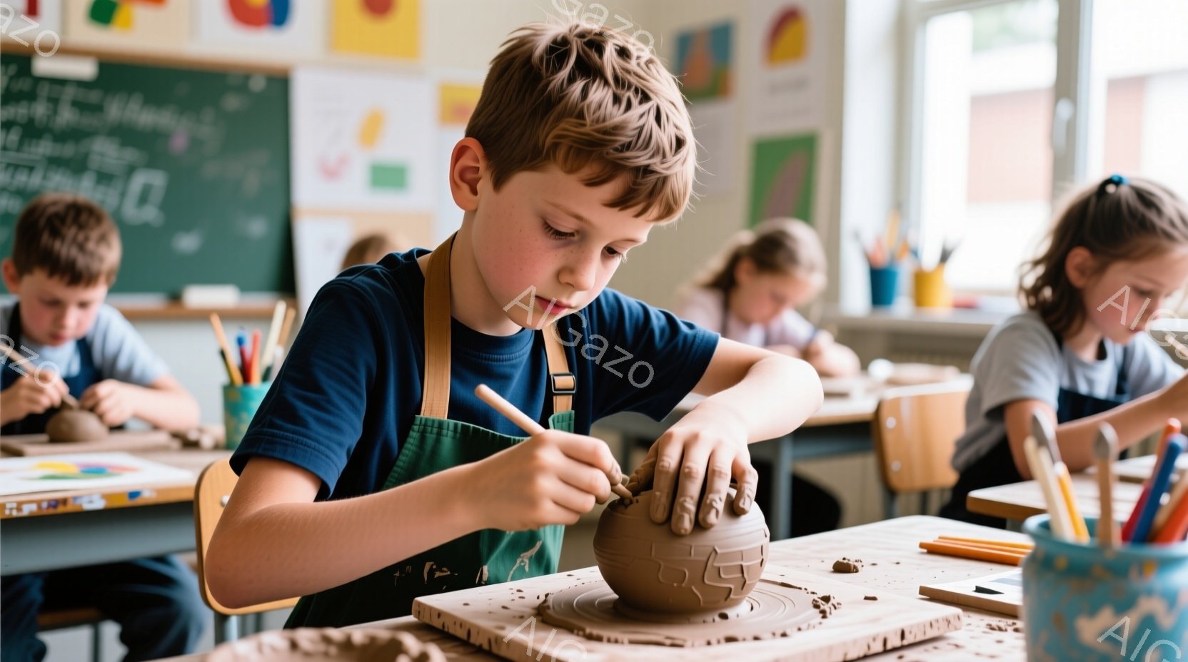 少年は陶芸の授業中、粘土を丁寧に削っています。青いオーバーオールを着ており、集中した表情で作業に没頭しています。教室には他の生徒もおり、明るい雰囲気の中で創造的な活動を楽しんでいます。