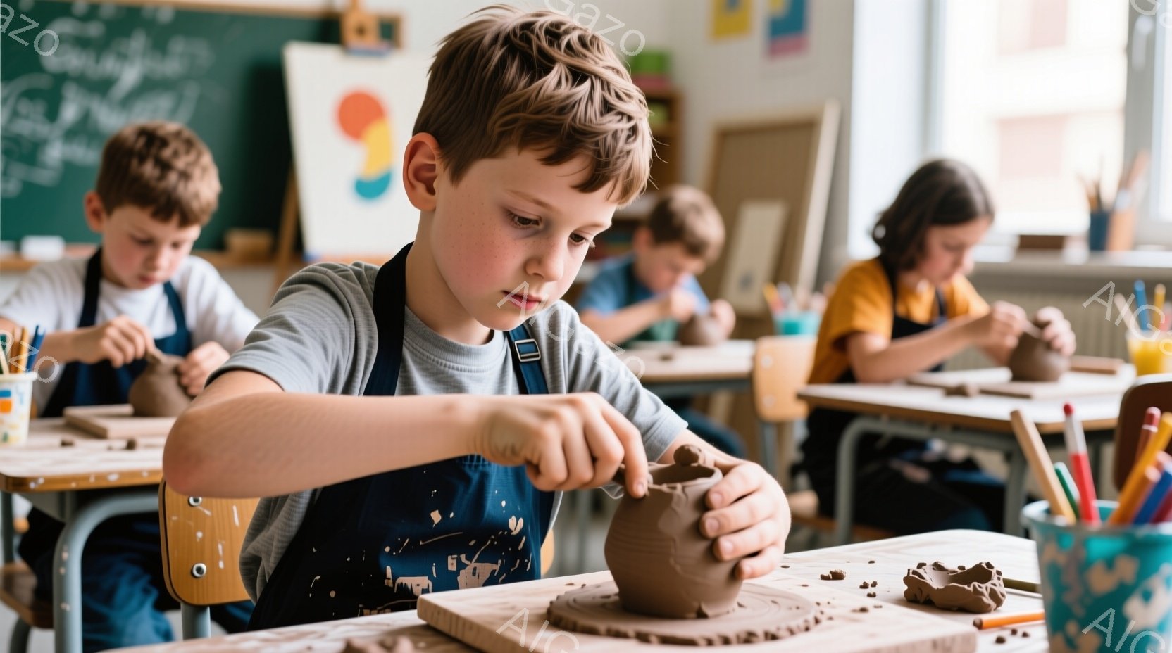 少年はエプロンを着て粘土を集中して造形している。明るい髪と真剣な表情で、粘土に手を添え、細部まで丁寧に作り込んでいるようだ。背景には、同じように粘土に取り組む他の生徒たちと、教室の明るい内装が見える。 - AI生成フリー素材