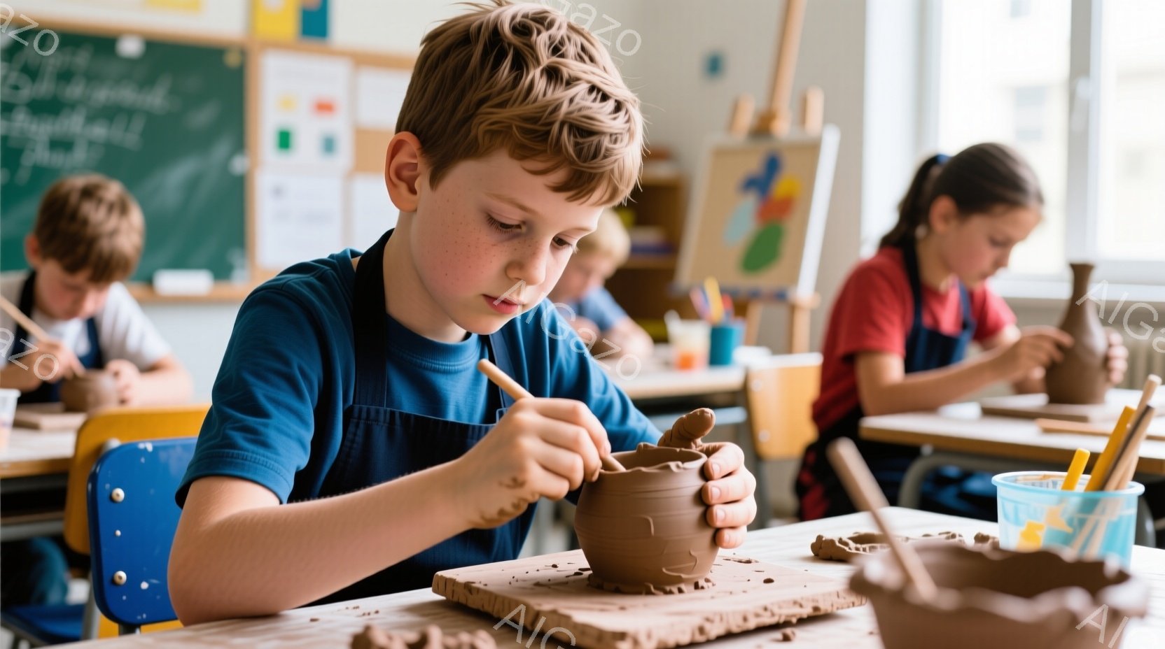 少年が陶芸に集中して取り組んでいます。彼は青いTシャツを着ており、巻き毛の髪型で、陶器の形に集中した表情をしています。教室には他の生徒もおり、木製の机の上で陶芸の作品を作り、活気のある雰囲気です。 - AI生成フリー素材