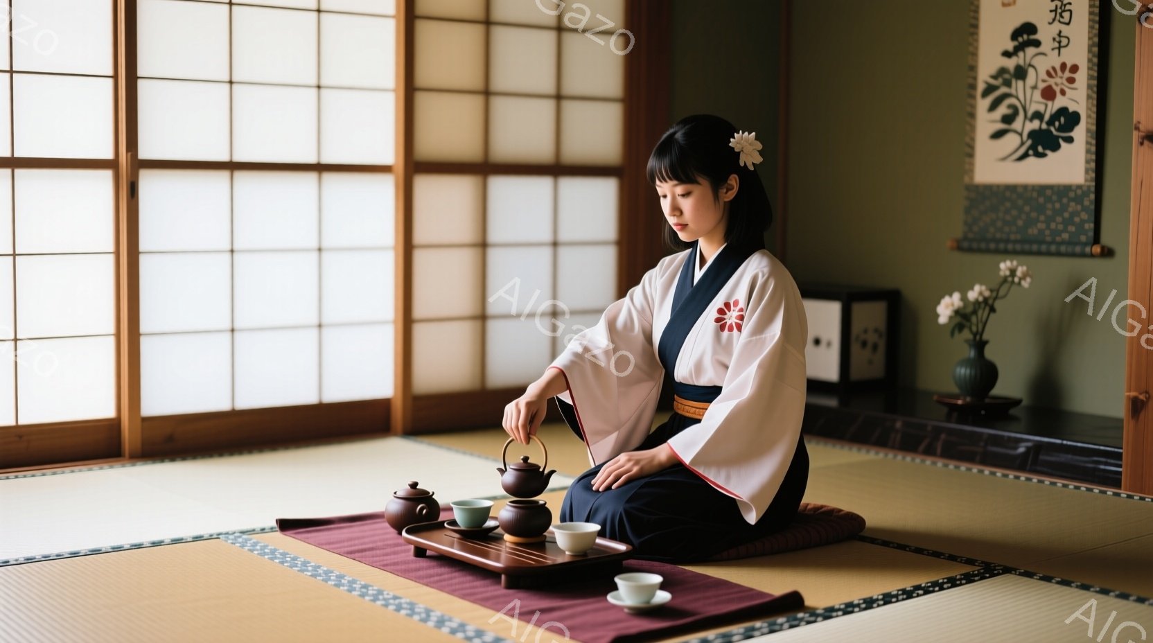 畳の部屋で、着物を着た女性が正座をしてお茶を点てています。彼女は白い着物に赤い帯、そして髪に白い花飾りをつけており、穏やかな表情で茶壺から湯を注いでいます。背景には掛け軸と花瓶が飾られており、全体的に静かで落ち着いた雰囲気です。