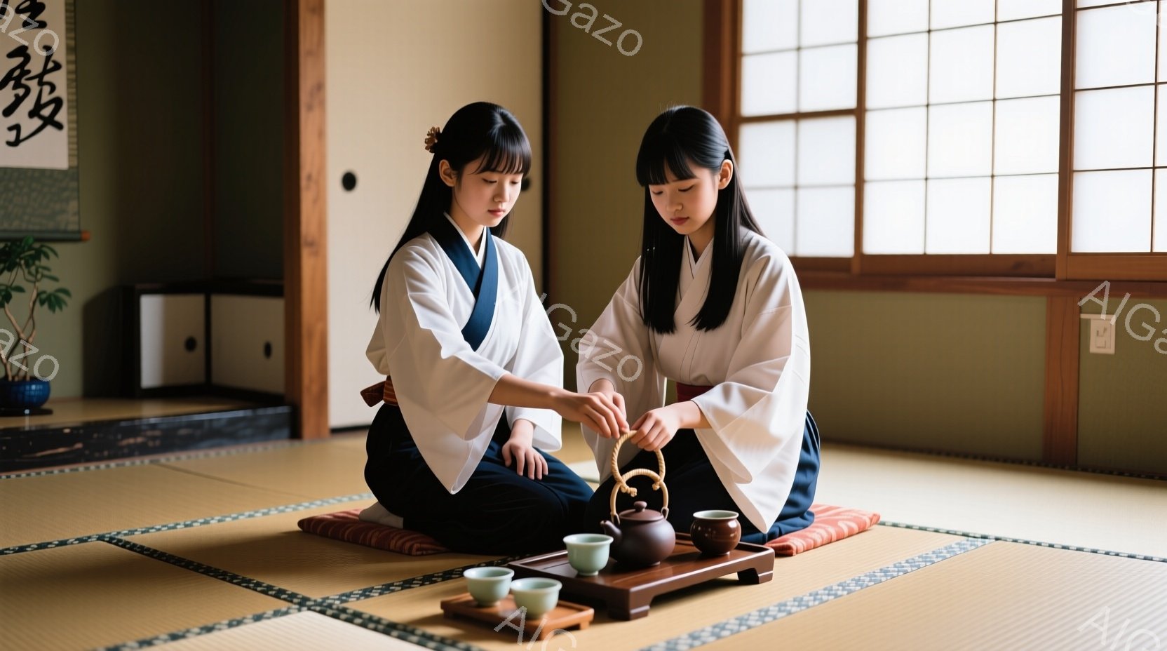 鮮やかな青色の着物と白い羽織を身につけた若い女性二人が、畳の上に正座して茶道を行っている様子が描かれている。彼女たちは、茶道具を丁寧に扱い、穏やかな表情で茶会を楽しんでいるようだ。背景には、和室の落ち着いた雰囲気と、盆栽が飾られた棚が見える。