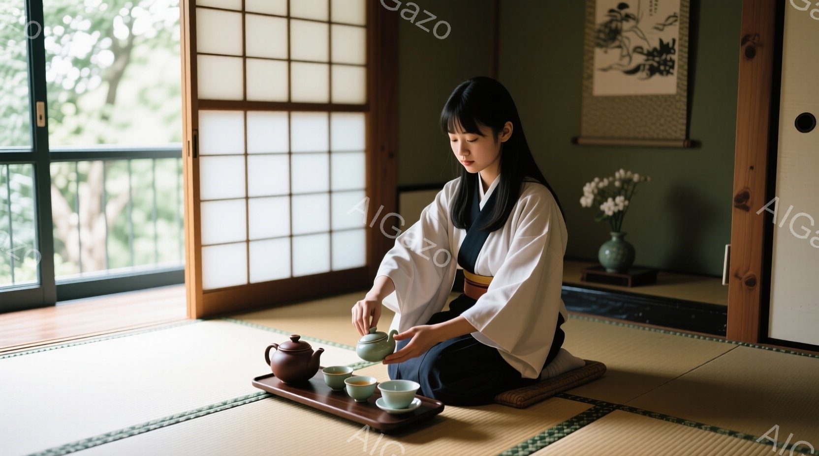 畳の上に座っている若い女性は、伝統的な着物と黒い帯を身につけている。彼女は丁寧に茶碗にお茶を注いでおり、落ち着いた表情で、日本の茶道を行っている様子が伺える。背景には障子窓があり、外の緑が見え、静かで - AI生成フリー素材