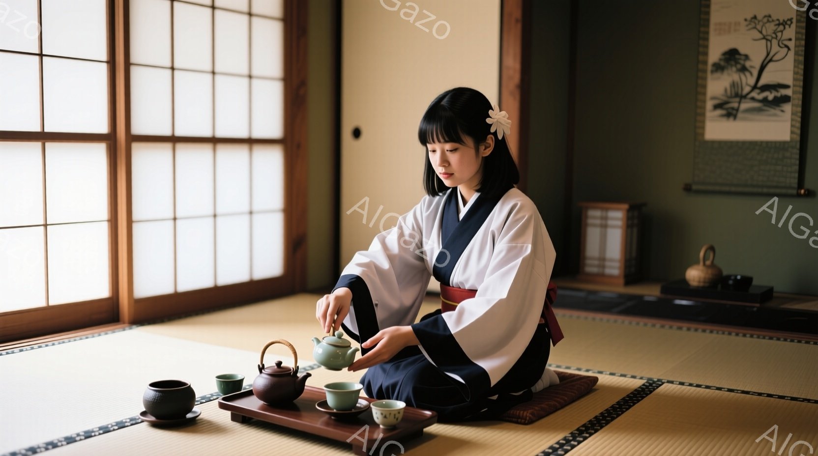 畳の上で女性が正座し、茶を茶碗に注いでいる。白い着物と赤い帯を身につけ、髪は後ろでまとめ、控えめな表情をしている。背景には障子や掛け軸、茶道具が置かれた低い棚が見え、落ち着いた和の雰囲気を感じさせる。 - AI生成フリー素材