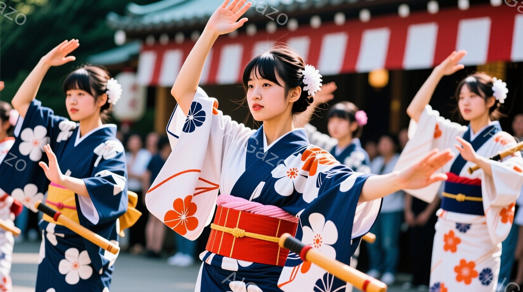 鮮やかな青と白の着物を着た女性たちが、太鼓のリズムに合わせて踊っています。髪には白い花飾りをつけており、顔には明るい笑顔が浮かんでいます。背景には赤い柱や緑豊かな木々が見え、お祭りの賑やかな雰囲気が伝わってきます。