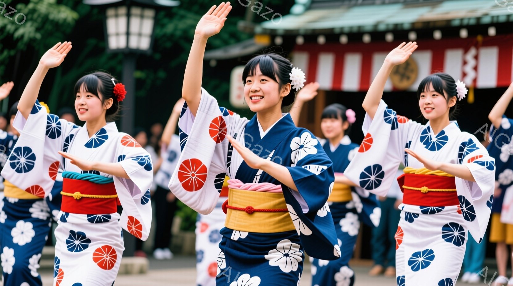 紺色の着物に白い大きな花模様とオレンジ色の丸模様が入った女性たちが写っている。彼女たちは皆笑顔で、両手を上げて踊っているように見える。背景には赤い柱と木々が見え、お祭りやイベントの活気ある雰囲気が感じられる。