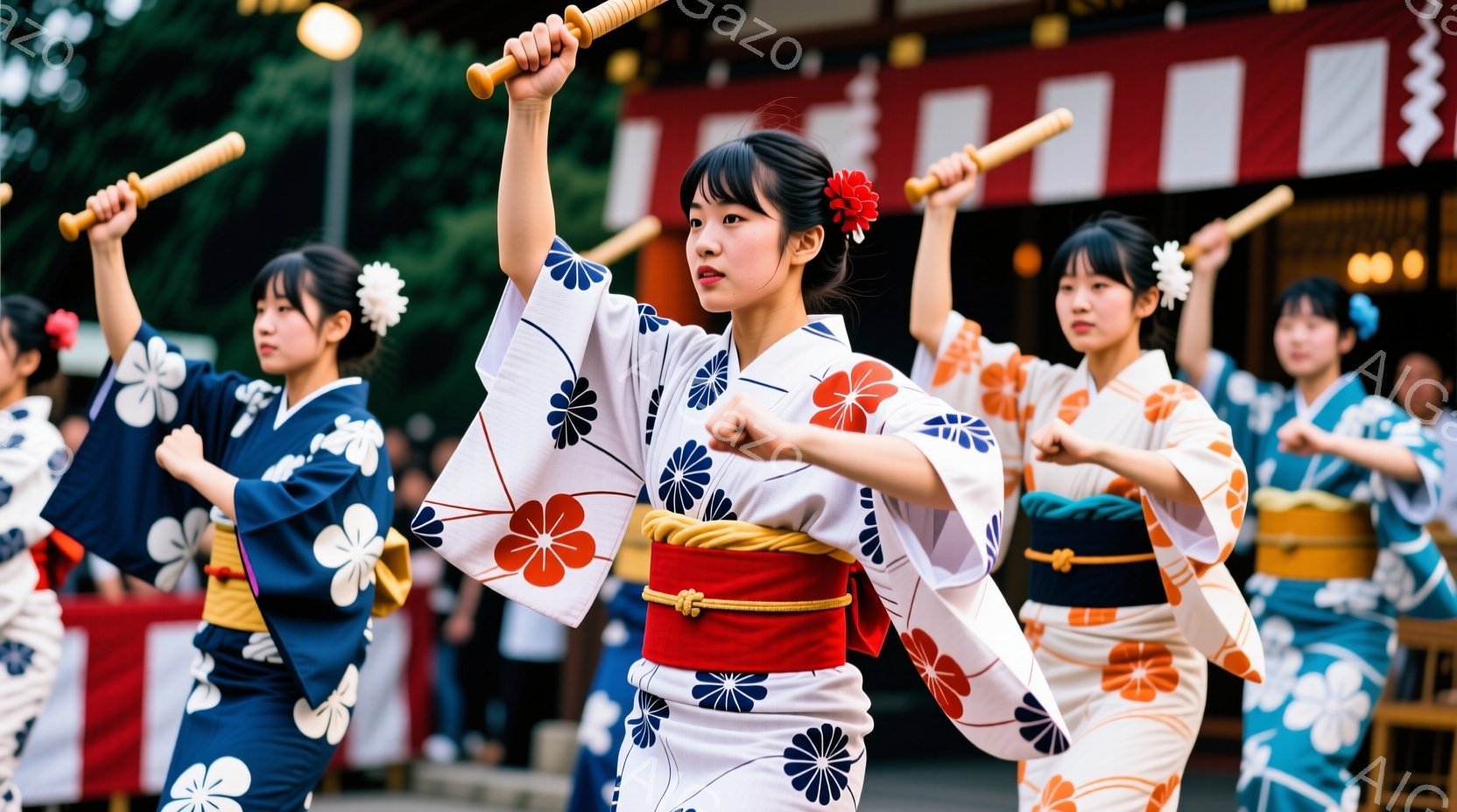 鮮やかな着物を身につけた女性たちが、棒を高く掲げ、力強く踊っている様子が写っている。着物は白地に青や赤の花模様が描かれており、髪にはお花飾りをつけている。背景には伝統的な日本の建物が見え、お祭りやイベントの賑やかな雰囲気が感じられる。