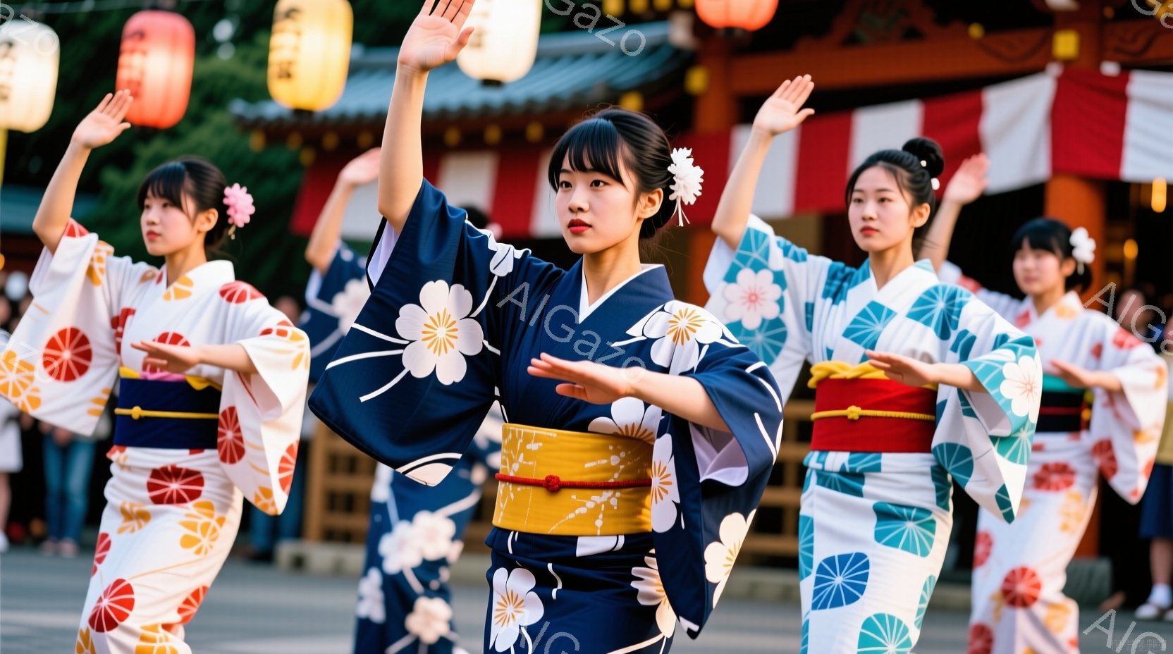 浴衣を着た若い女性たちが、伝統的な日本の祭りで踊っている様子が写っている。女性たちはそれぞれ異なる柄の浴衣を着ており、鮮やかな色彩が目に飛び込んでくる。背景には鳥居や提灯が見え、活気があり、お祭りの雰囲気が伝わってくる。