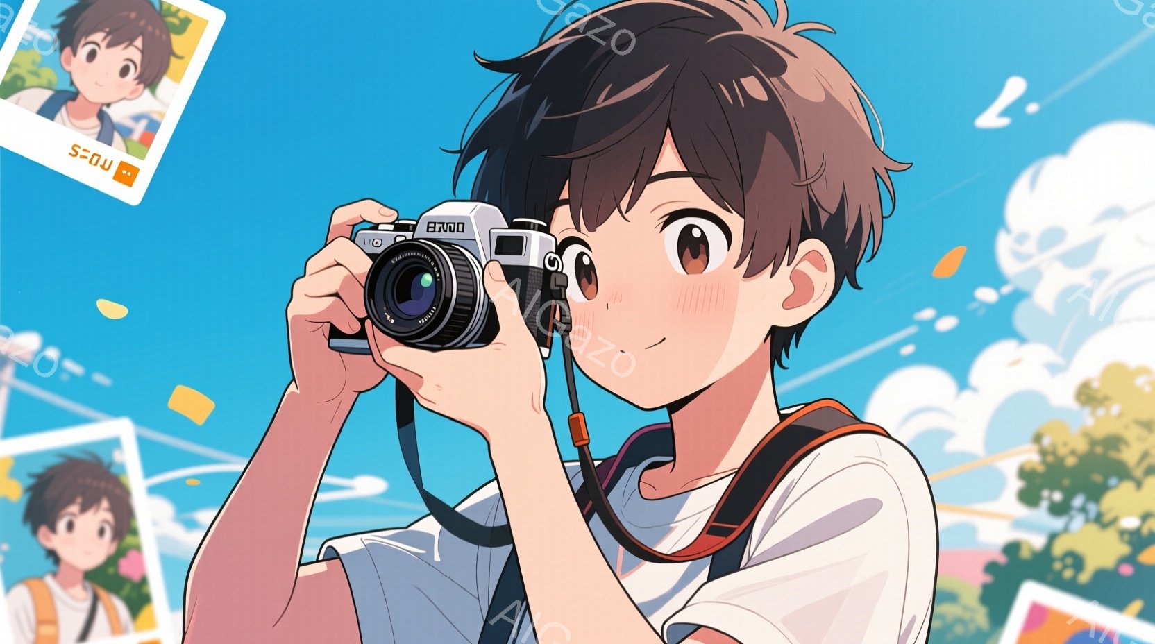 少年は白いTシャツと赤いストラップのカメラを首にかけて立っています。彼は黒髪で、少し困ったような表情を浮かべています。背景には、青い空と白い雲、そして断片的に見える写真が浮かび、全体的に爽やかで少しノスタルジックな雰囲気です。