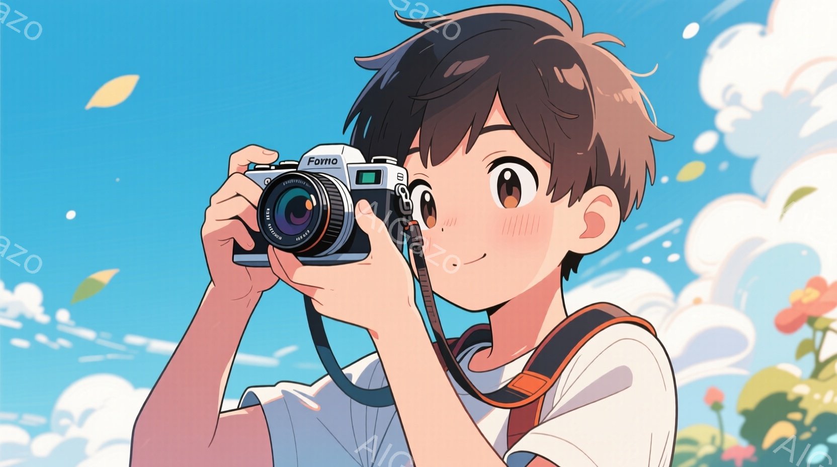 短い黒髪で、少し頬を赤らめた少年が描かれています。彼はオレンジと白のボーダーシャツを着ており、カメラを構えて何かを撮影しているようです。背景には、ぼやけた緑の植物と、淡い青色の空が広がり、爽やかで穏やかな雰囲気を醸し出しています。