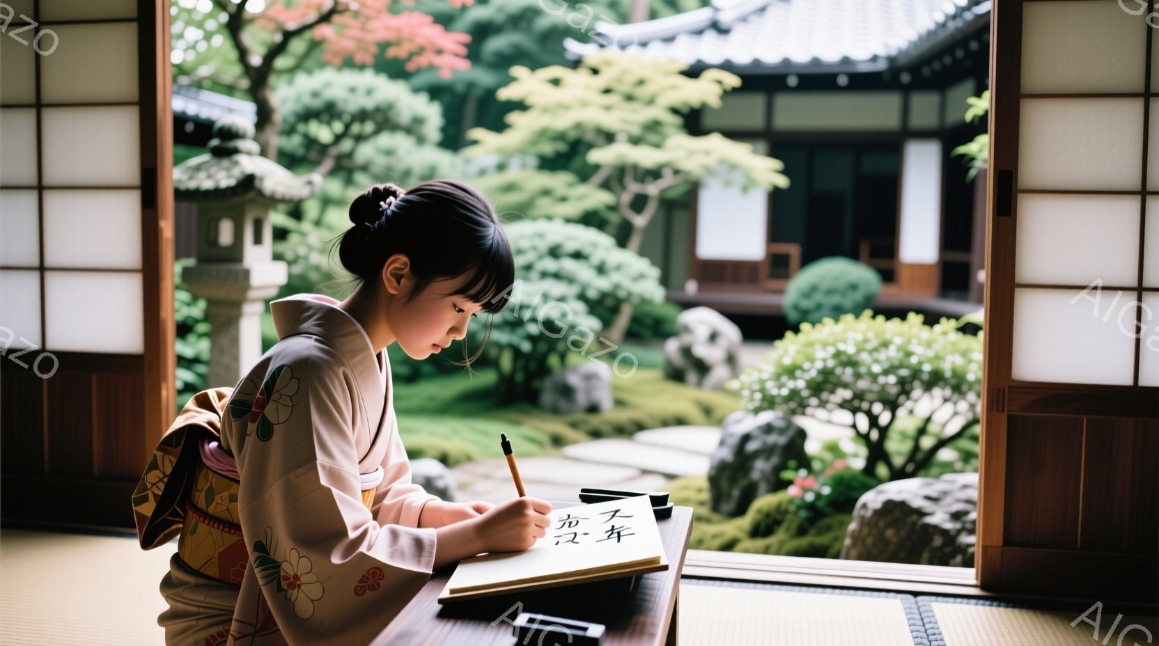 少女は、薄いクリーム色の着物に、赤い花の模様が入った帯を締めて、正座をして書道を練習している。黒髪を後ろでまとめ、集中した表情で筆を走らせ、目の前には「友」と「寿」の文字が書かれた半紙が置かれている。障子から庭園の緑が差し込み、苔むした石や手入れの行き届いた木々が見え、静かで落ち着いた雰囲気が漂っている。