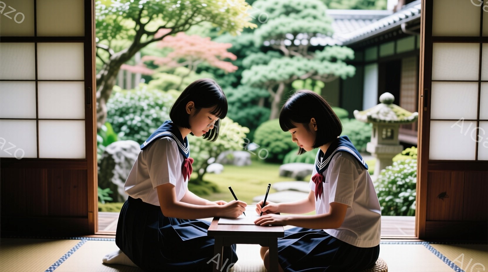 二人の女子学生が畳の部屋で小さなテーブルを挟んで向かい合って座り、何かに集中して書き物をしている。紺色のセーラー服に赤いリボンを締め、黒髪を肩下まで伸ばした彼女たちは、真剣な表情で筆を持っている。背景には、緑豊かな庭園が広がり、木々の緑と石灯籠が日本の伝統的な雰囲気を醸し出している。