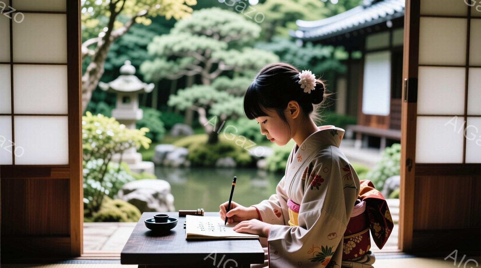 少女は、クリーム色の地に淡い花柄が描かれた着物を着て、正座をして書道をしています。彼女は黒い髪を綺麗にまとめ、片側に白い花をあしらっており、集中して筆を走らせています。背景には、緑豊かな庭園と石灯籠、池が広がり、静かで穏やかな雰囲気を醸し出しています。