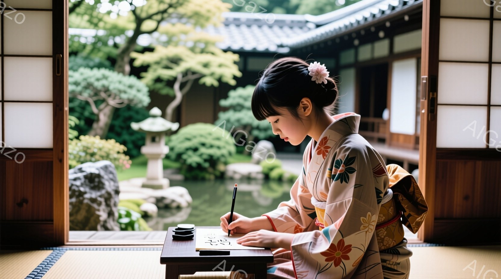 少女は、クリーム色を基調とした花柄の着物を着て、畳の上で書道を行っています。彼女は黒髪を後ろでまとめ、髪飾りをつけています。背景には、緑豊かな日本庭園が広がり、池や石灯籠が見え、静かで落ち着いた雰囲気を醸し出しています。