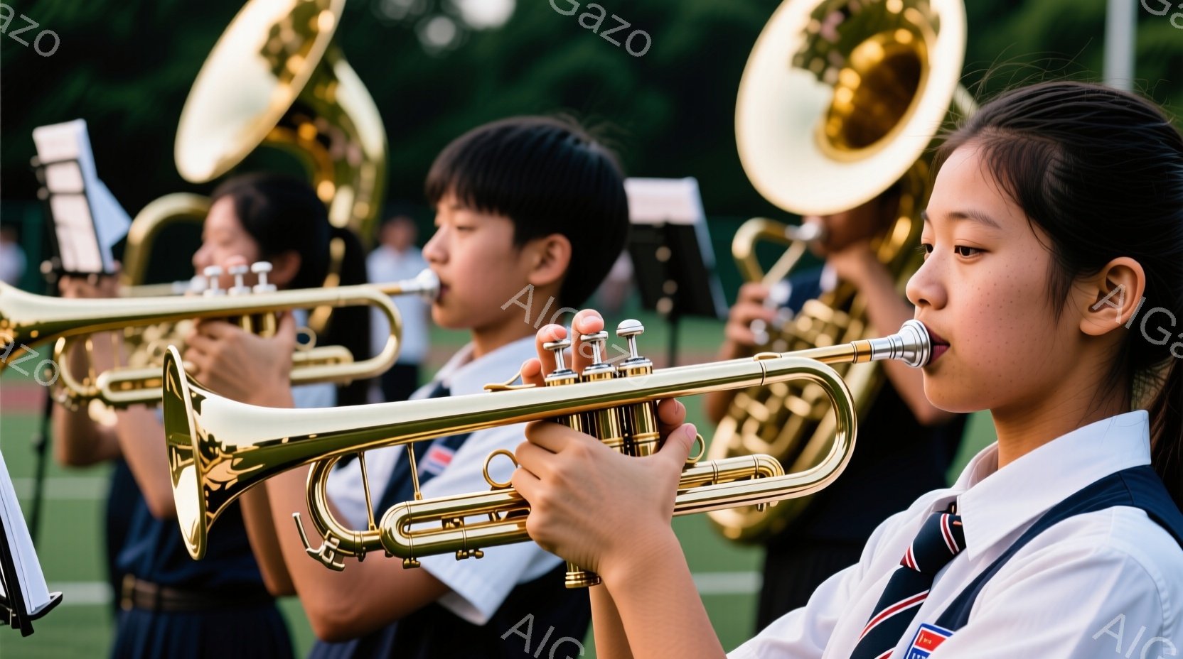 制服姿の少年少女たちが、ブラスバンドの演奏を行っている様子が写っている。彼らはトランペットやユーフォニウムなどの金管楽器を演奏しており、真剣な表情で楽器に集中している。背景には緑豊かな芝生と木々が見え、晴れた日の屋外での演奏会の雰囲気が伝わってくる。