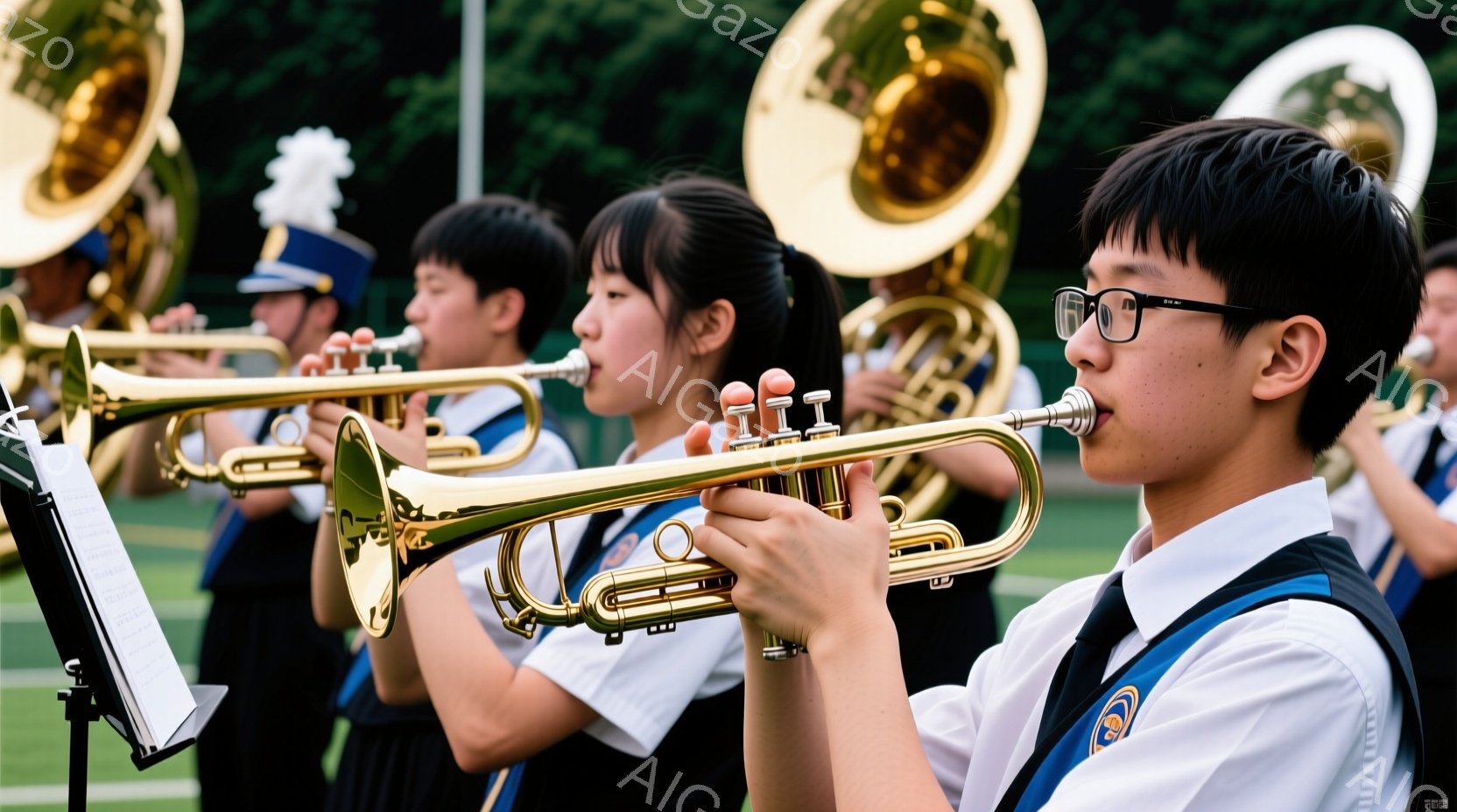 複数の生徒がブラスバンドの一員としてトランペットを演奏している様子が写っている。制服は白のシャツに紺色のスカートまたはズボンで、肩には紺色の襷がかけられている。背景は緑豊かな芝生と木々があり、晴天の下 - AI生成フリー素材
