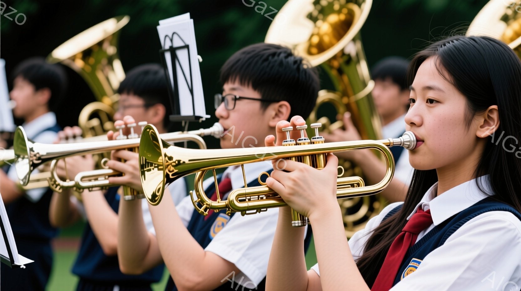 真っ直ぐ並んだ複数の生徒たちが、金色のトランペットやユーフォニウムを演奏している様子が写っている。生徒たちは白いシャツに紺色のブレザー、赤いネクタイという制服姿で、真剣な表情で楽器を演奏している。背景 - AI生成フリー素材