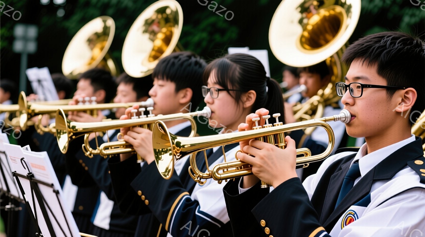 制服姿の生徒たちがトランペットを演奏している様子が写っている。紺色のジャケットに金色のボタンが並び、白のシャツが襟元から覗いている。生徒たちは皆、集中した表情で楽器を構え、演奏に熱中している様子が伝わ - AI生成フリー素材