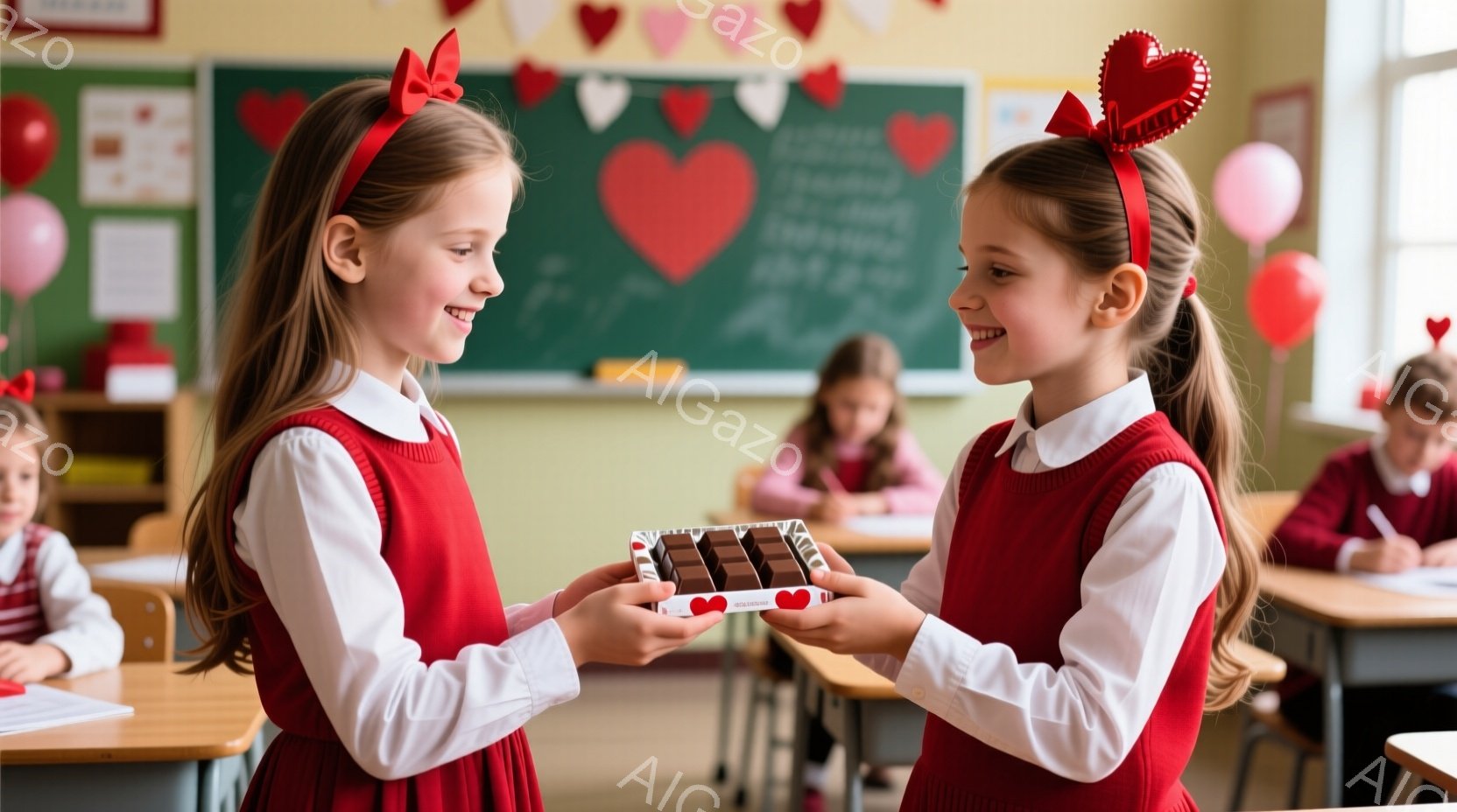 二人の幼い女の子が、小学校の教室でチョコレートの箱を交換しています。どちらも赤いリボンで結んだポニーテールにし、制服のセーターベストを着ています。教室の黒板にはハートが飾られ、他の生徒たちが背景に見え - AI生成フリー素材