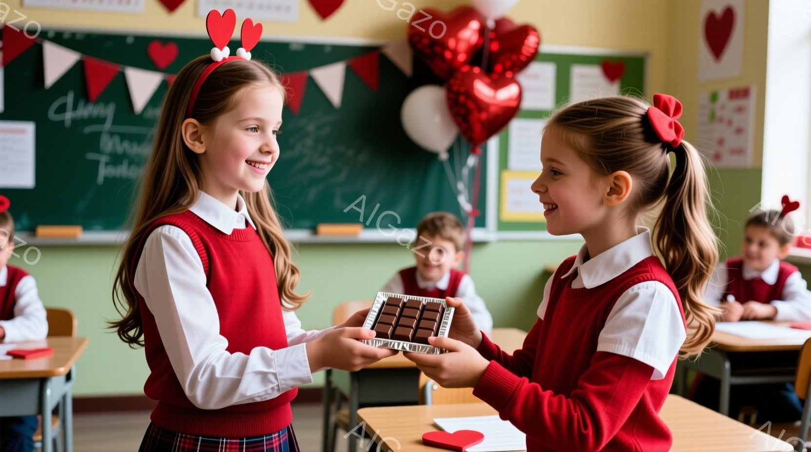 二人の若い女の子が教室でプレゼントを交換しています。赤いセーターベストとチェック柄のスカートを着ており、髪はポニーテールに結ばれています。背景には他の生徒たちが座っており、黒板にはメッセージが書かれ、 - AI生成フリー素材