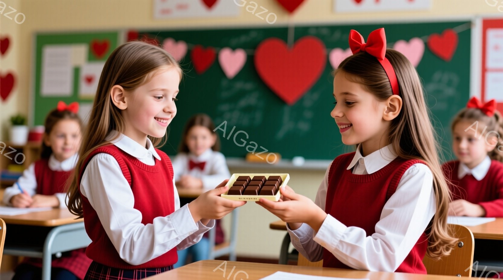 教室で、赤いリボンをつけた2人の少女がチョコレートを交換しています。彼女たちは赤いセーターベストと白いシャツを着ており、笑顔で互いを見つめています。背景には他の生徒たちがおり、黒板にはハートの飾り付け - AI生成フリー素材